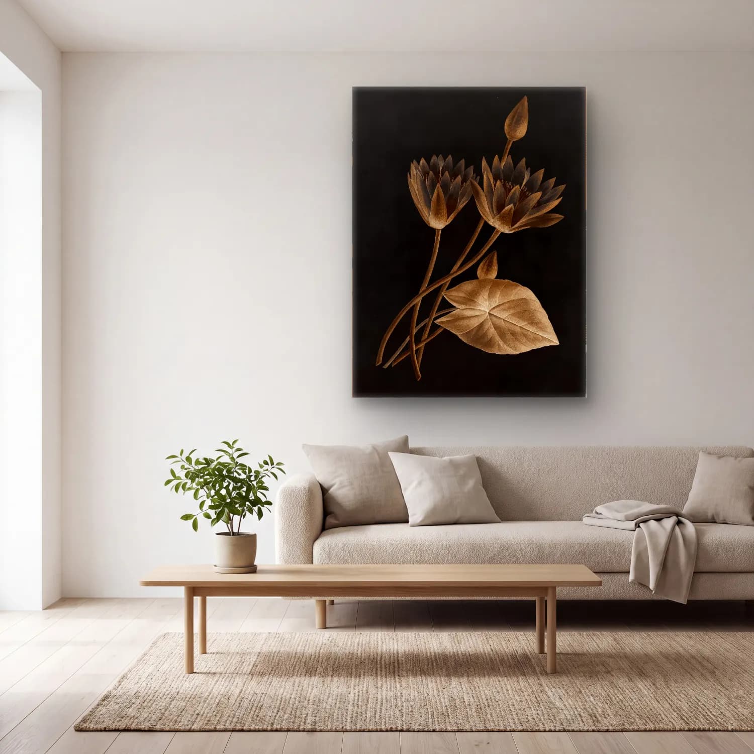 Botanik İllüstrasyon Lotus Çiçekleri No. 20 cam tablo — açık renk salonda