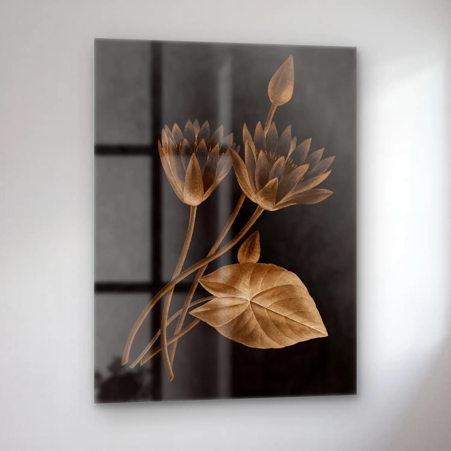 Botanik İllüstrasyon Lotus Çiçekleri No. 20 cam tablo — sol açıdan görünüm