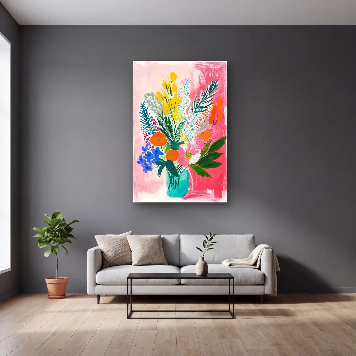 Boho Vazoda Çiçek Buketi No. 3 cam tablo — gri duvarlı salonda