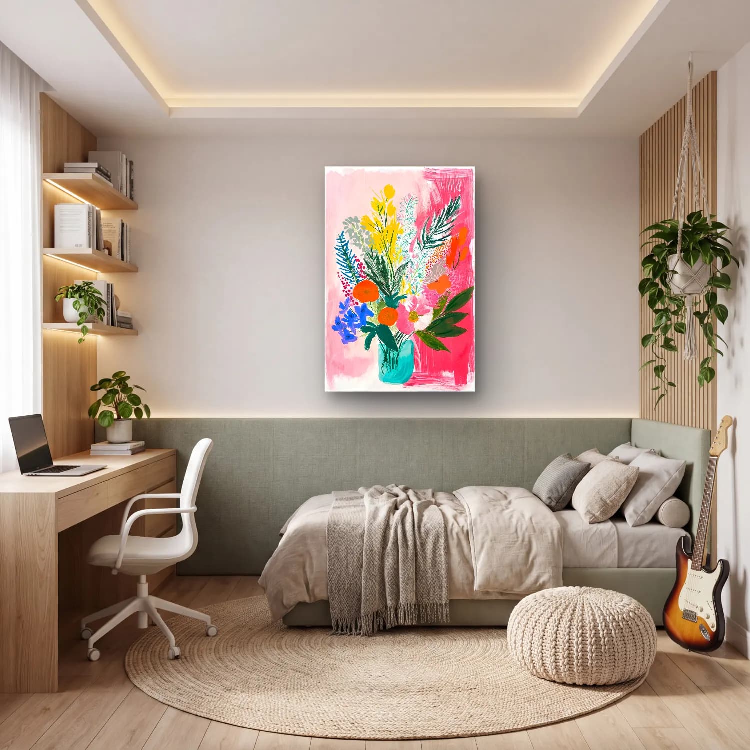 Boho Vazoda Çiçek Buketi No. 3 cam tablo — genç odasında