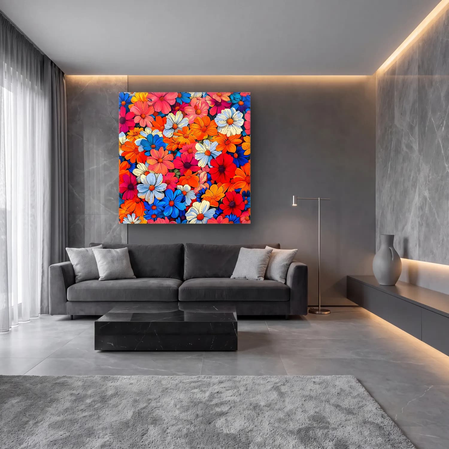Maksimalist Çiçek Deseni No. 38 cam tablo — lüks salon duvarında