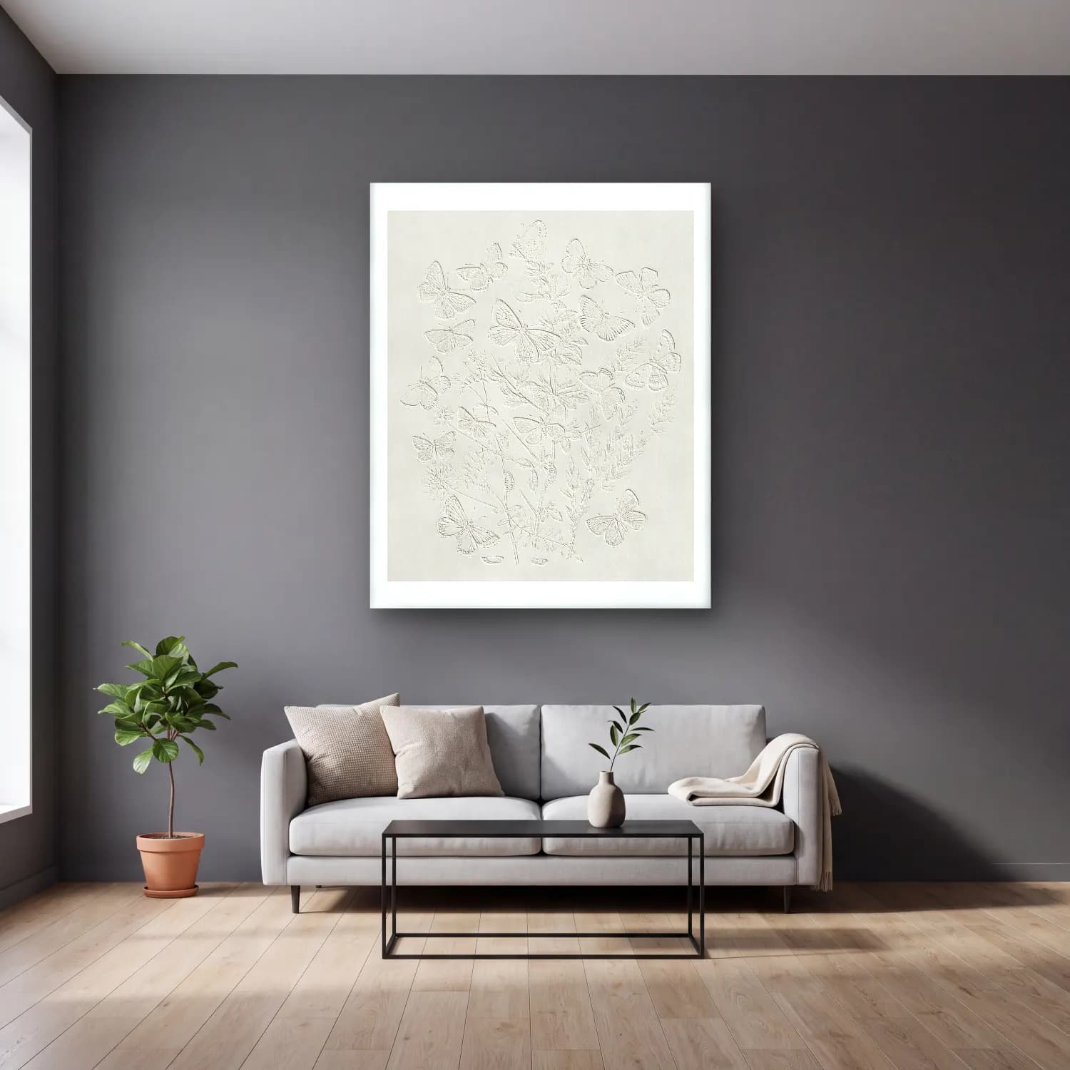 Pastel Çiçek Deseni No. 90 cam tablo — gri duvarlı salonda