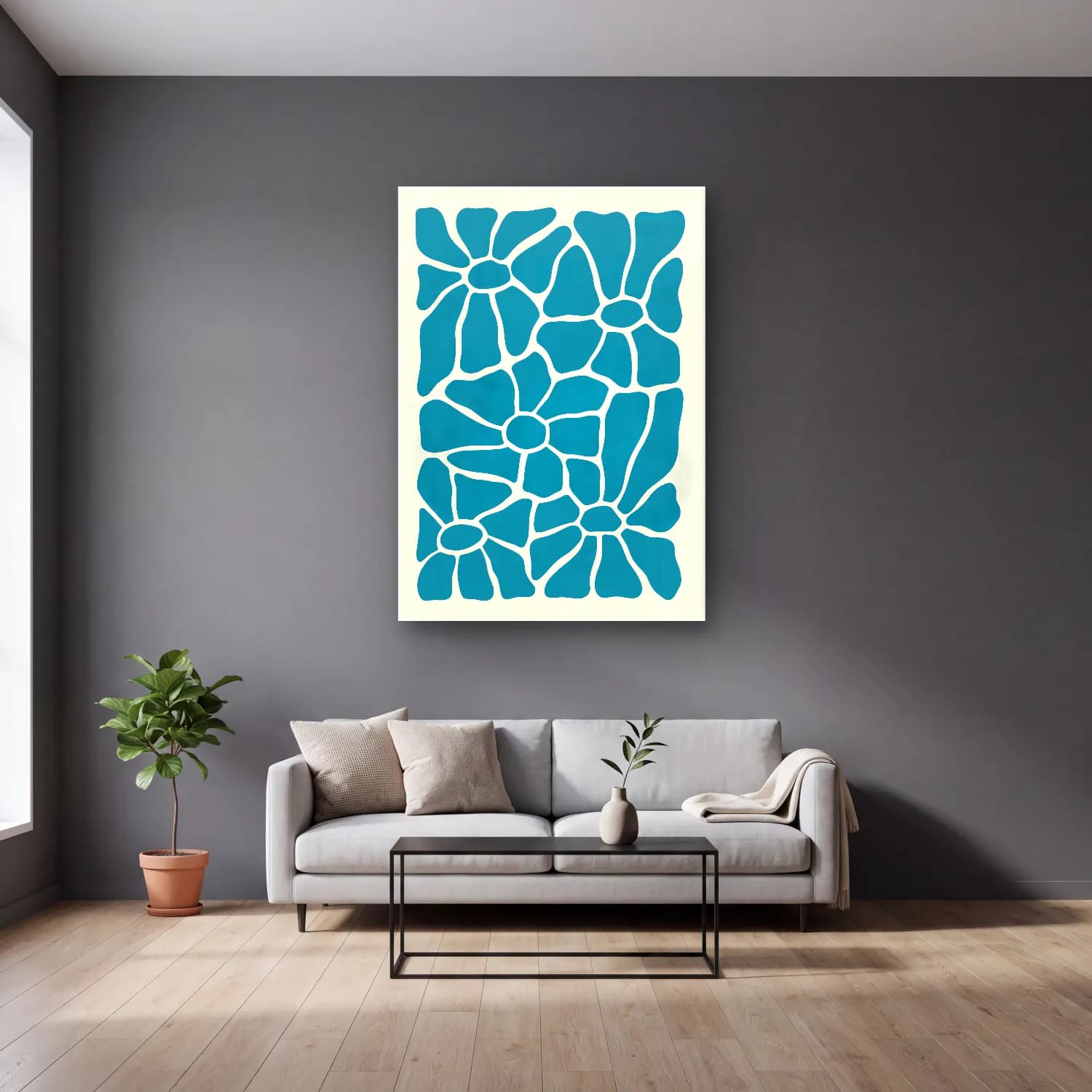 Boho Çiçek Deseni No. 100 cam tablo — gri duvarlı salonda