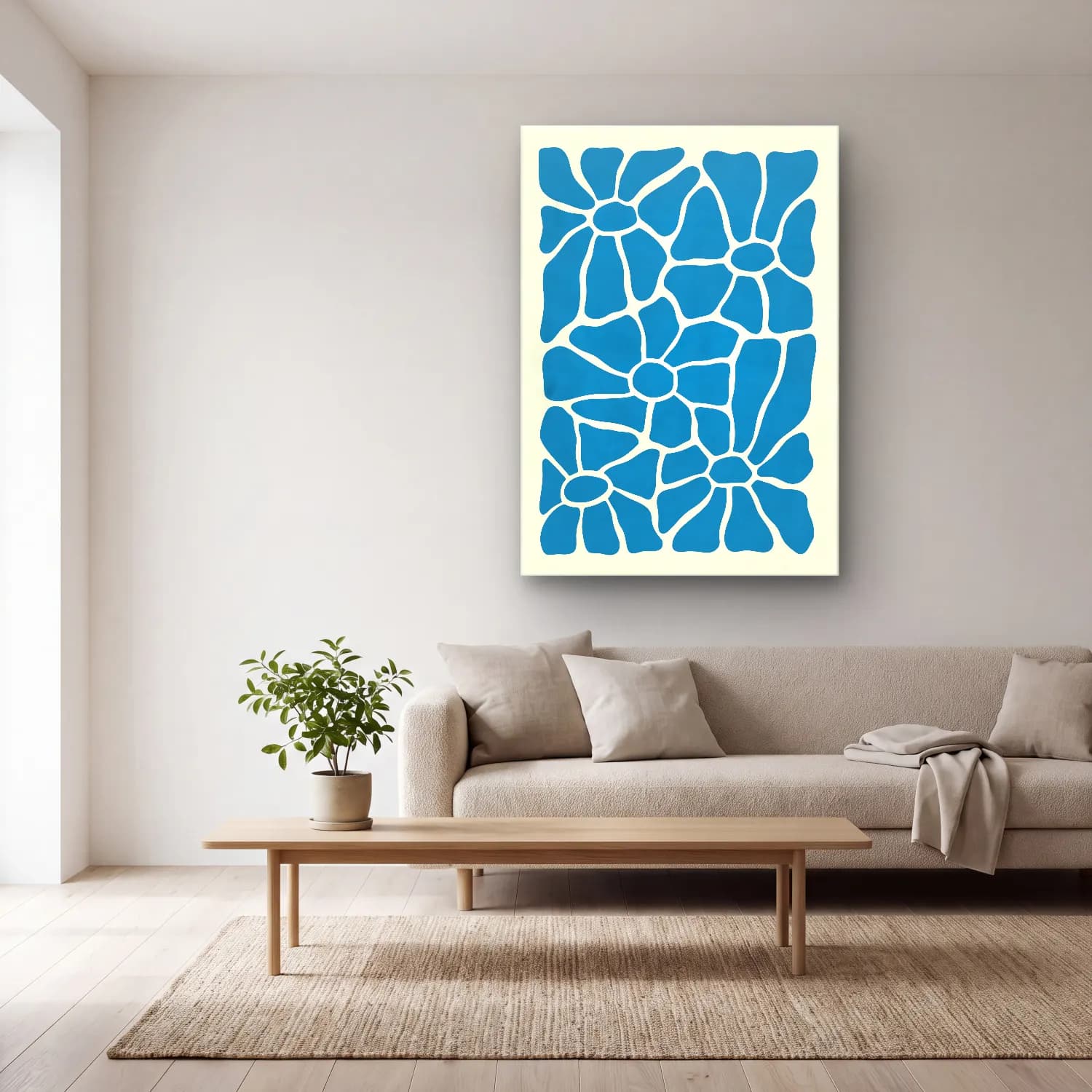 Boho Çiçek Deseni No. 100 cam tablo — açık renk salonda