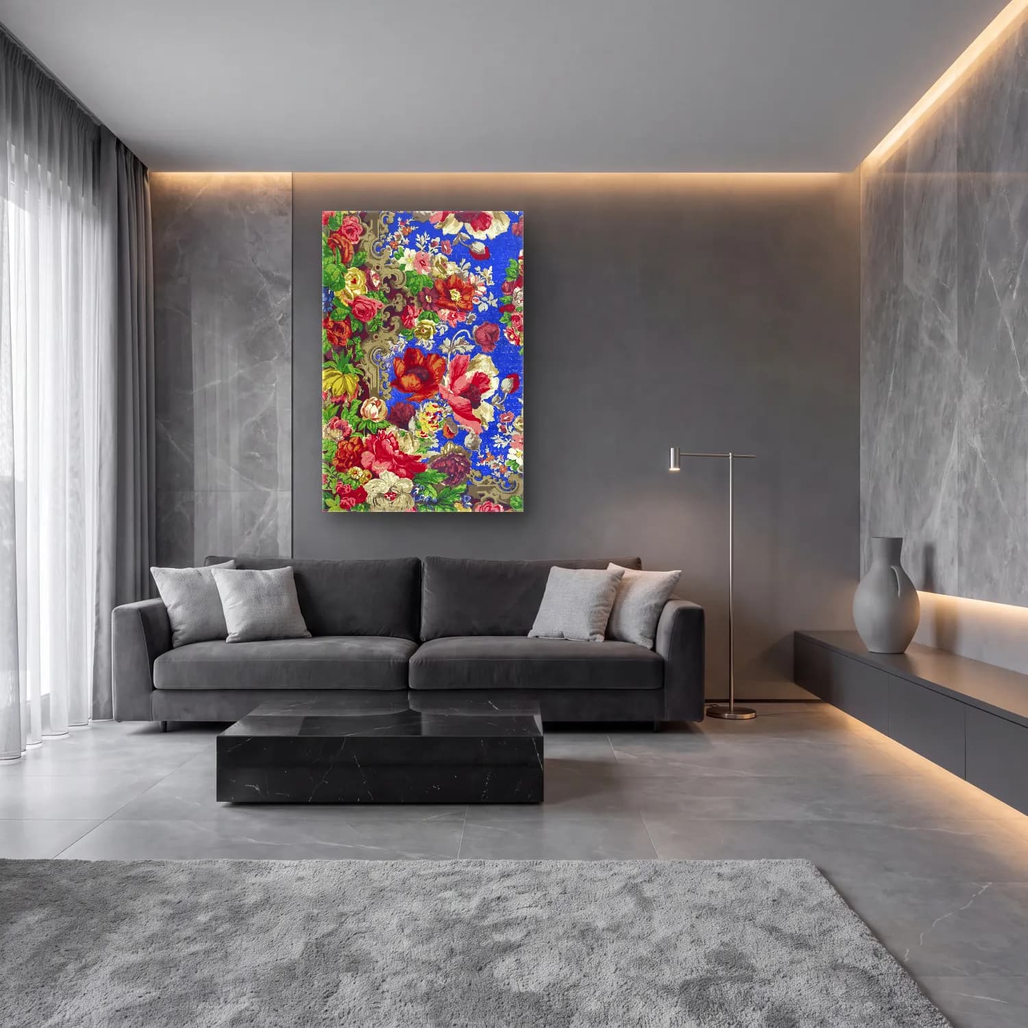 Maksimalist Çiçek Deseni No. 42 cam tablo — lüks salon duvarında