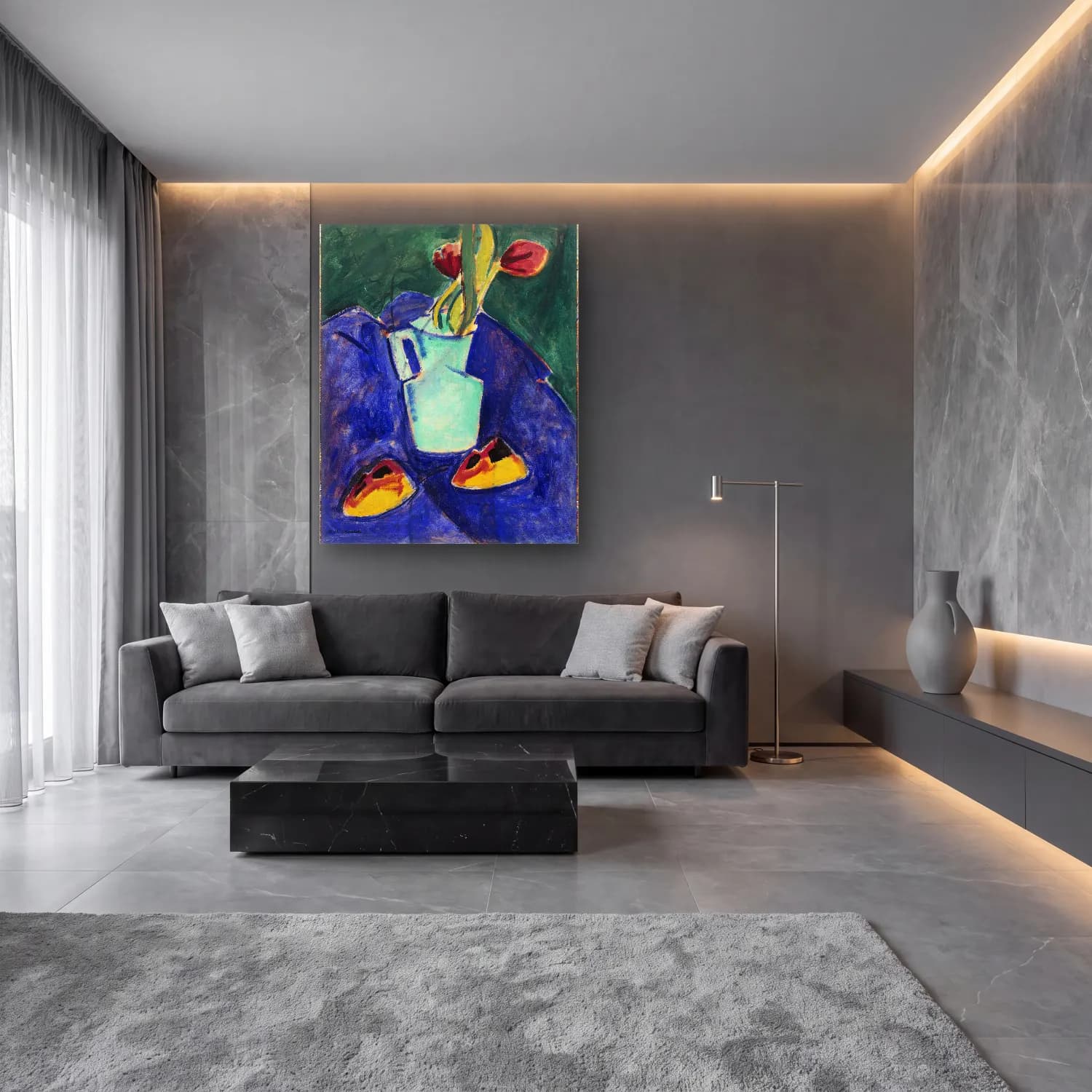 Modern Soyut Vazo No. 11 cam tablo — lüks salon duvarında