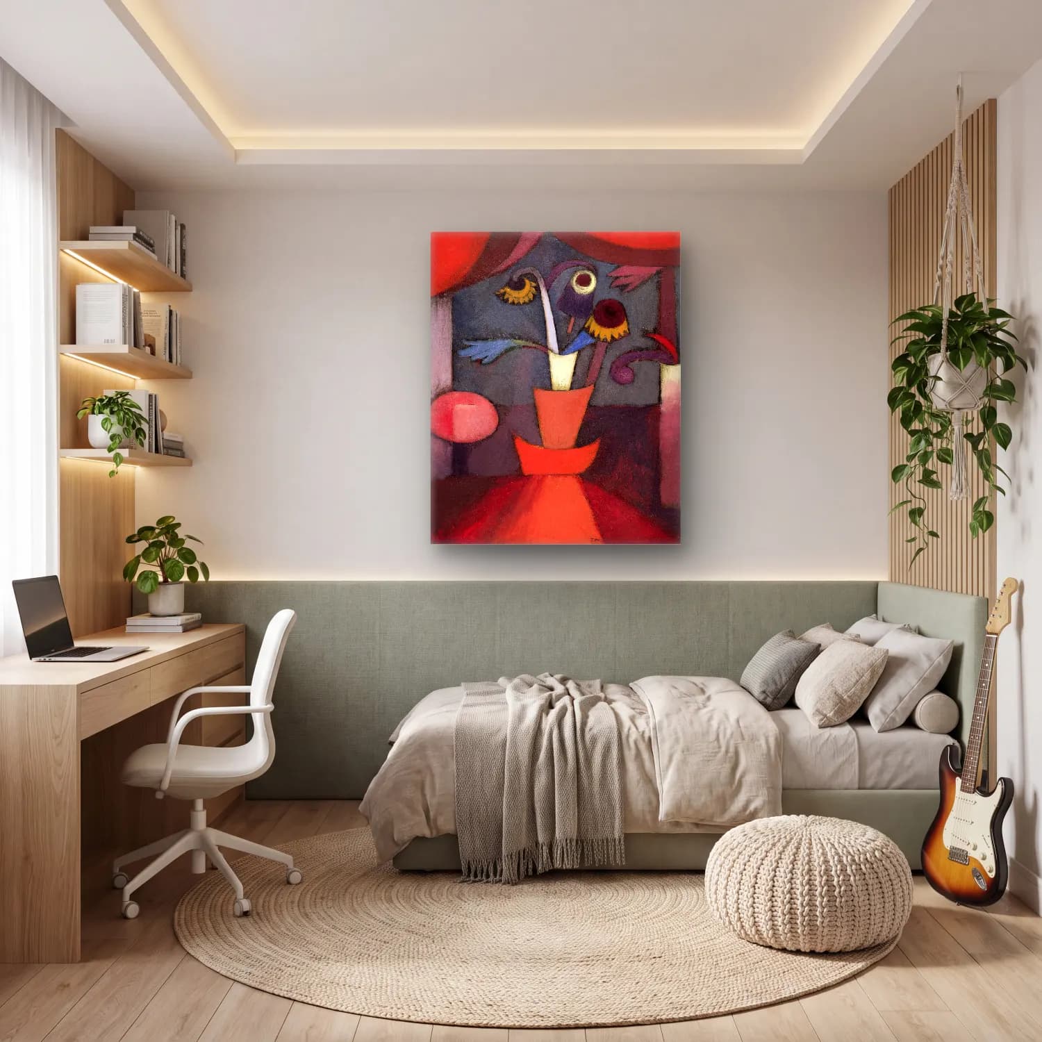Modern Soyut Vazoda Çiçek Buketi – Kırmızı Tonlar cam tablo — genç odasında