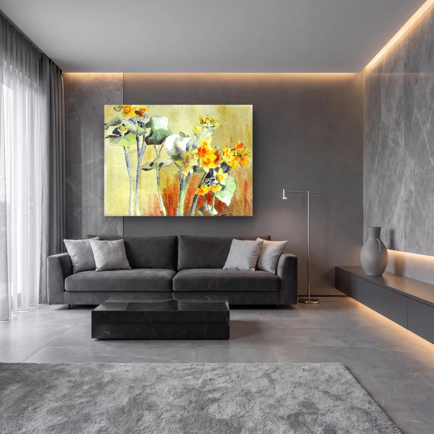 Suluboya Lotus Çiçekleri – Sarı Tonlar cam tablo — lüks salon duvarında