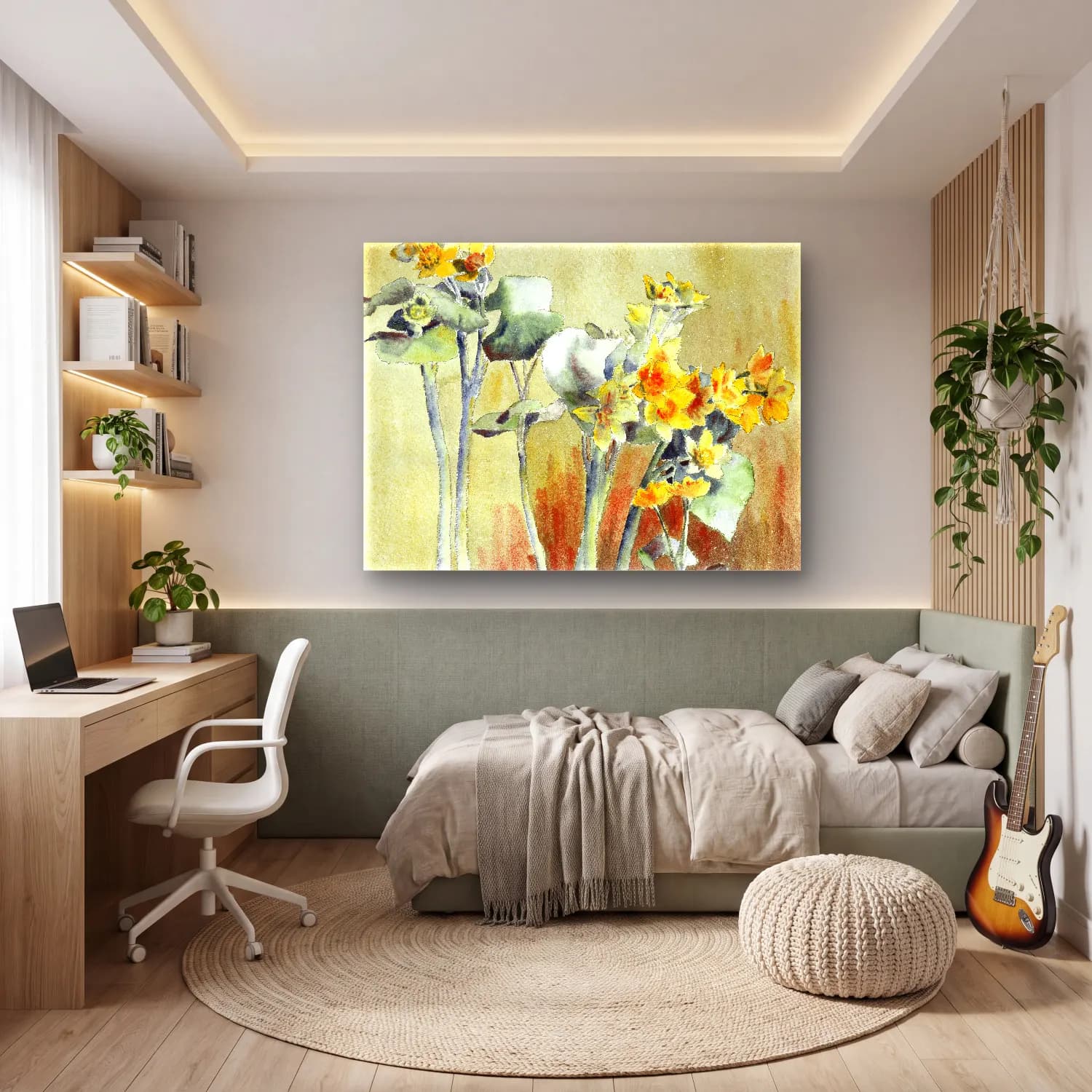 Suluboya Lotus Çiçekleri – Sarı Tonlar cam tablo — genç odasında
