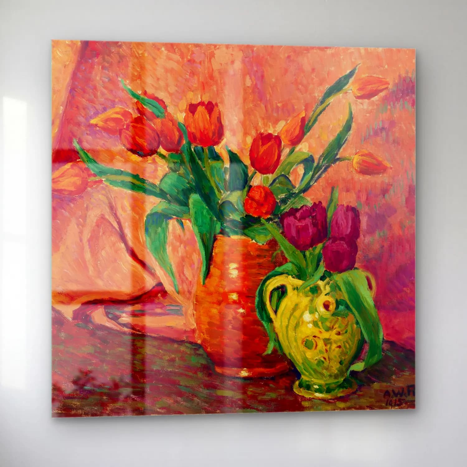 Alfred William Finch – Two vases with tulips, 1915 cam tablo — sol açıdan görünüm