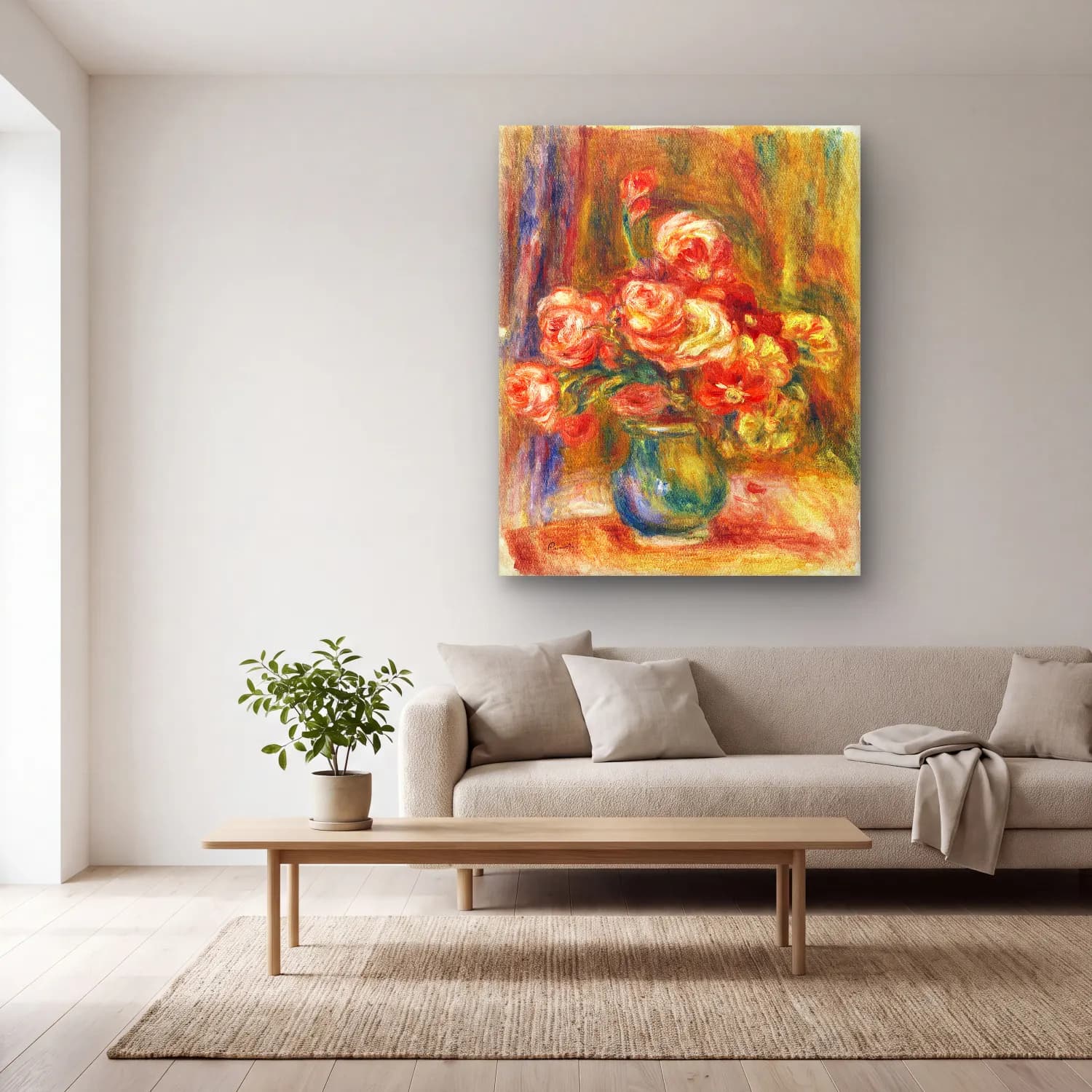 Pierre-Auguste Renoir – Vase of Roses cam tablo — açık renk salonda