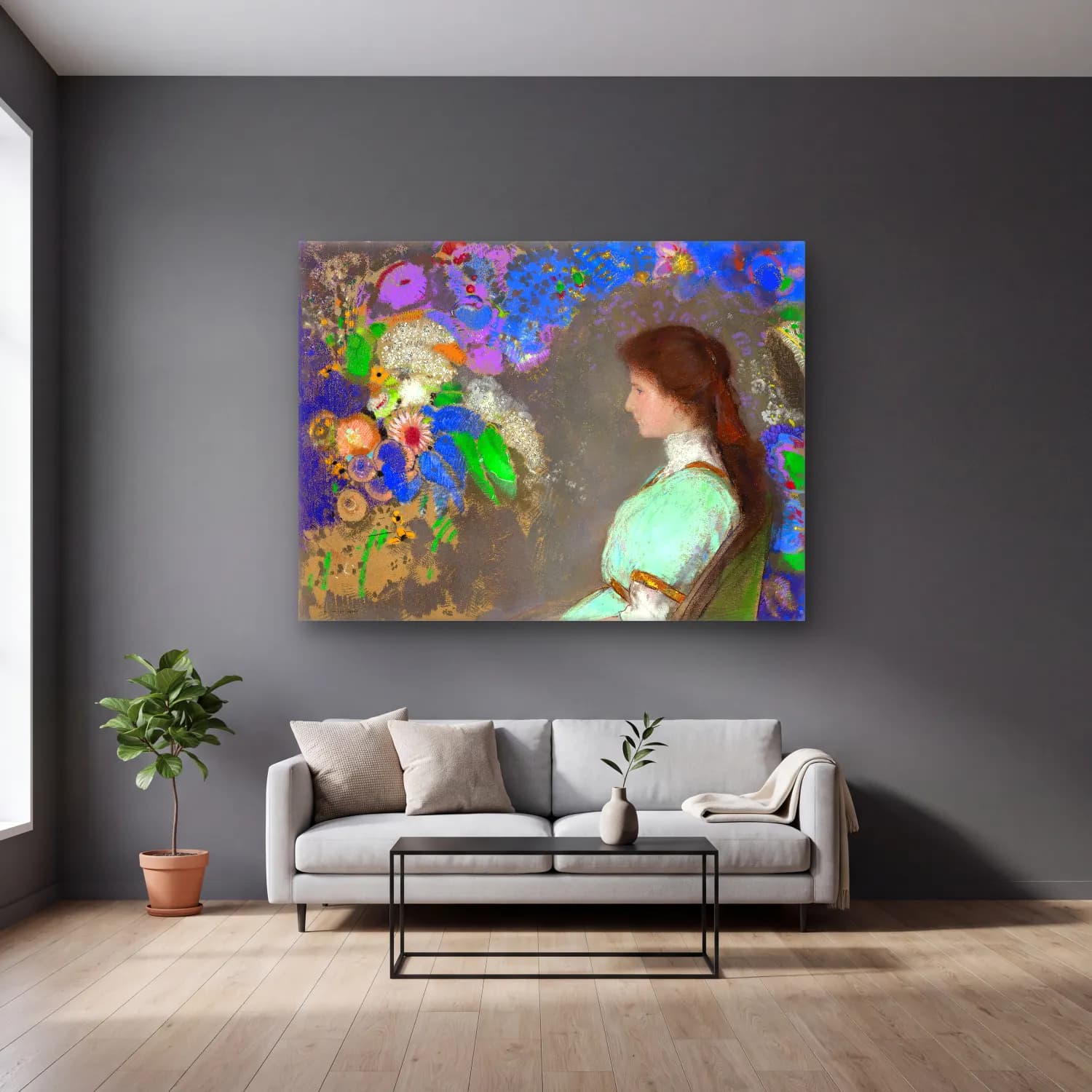 Odilon Redon – Violette Heymann oil painting cam tablo — gri duvarlı salonda