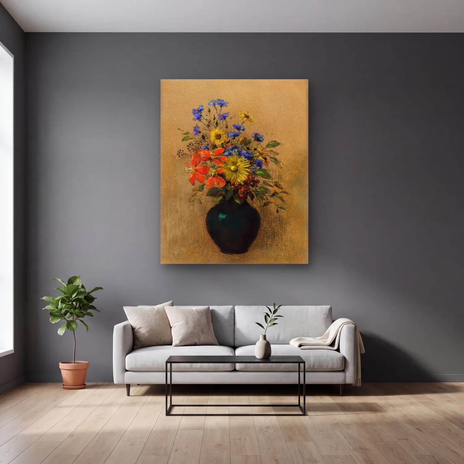 Odilon Redon – Wildflowers cam tablo — gri duvarlı salonda