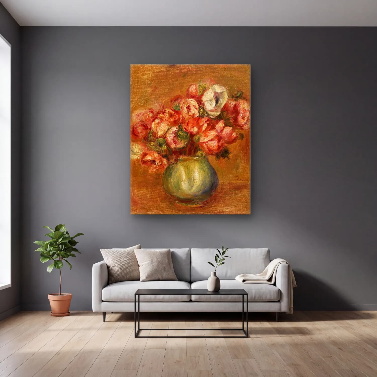 Pierre-Auguste Renoir – Anemones (Anémones) cam tablo — gri duvarlı salonda