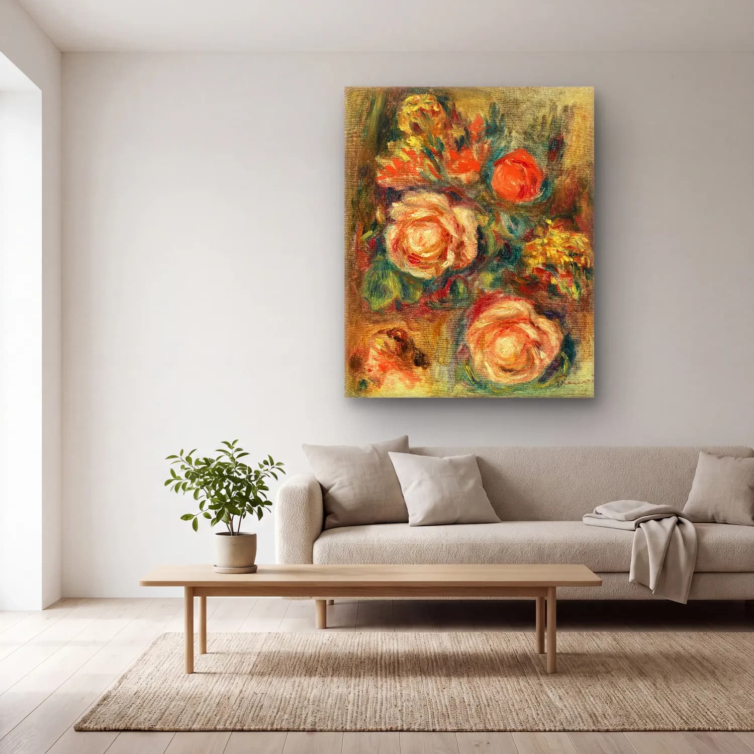 Pierre-Auguste Renoir – Bouquet of Roses (Bouquet de roses) cam tablo — açık renk salonda