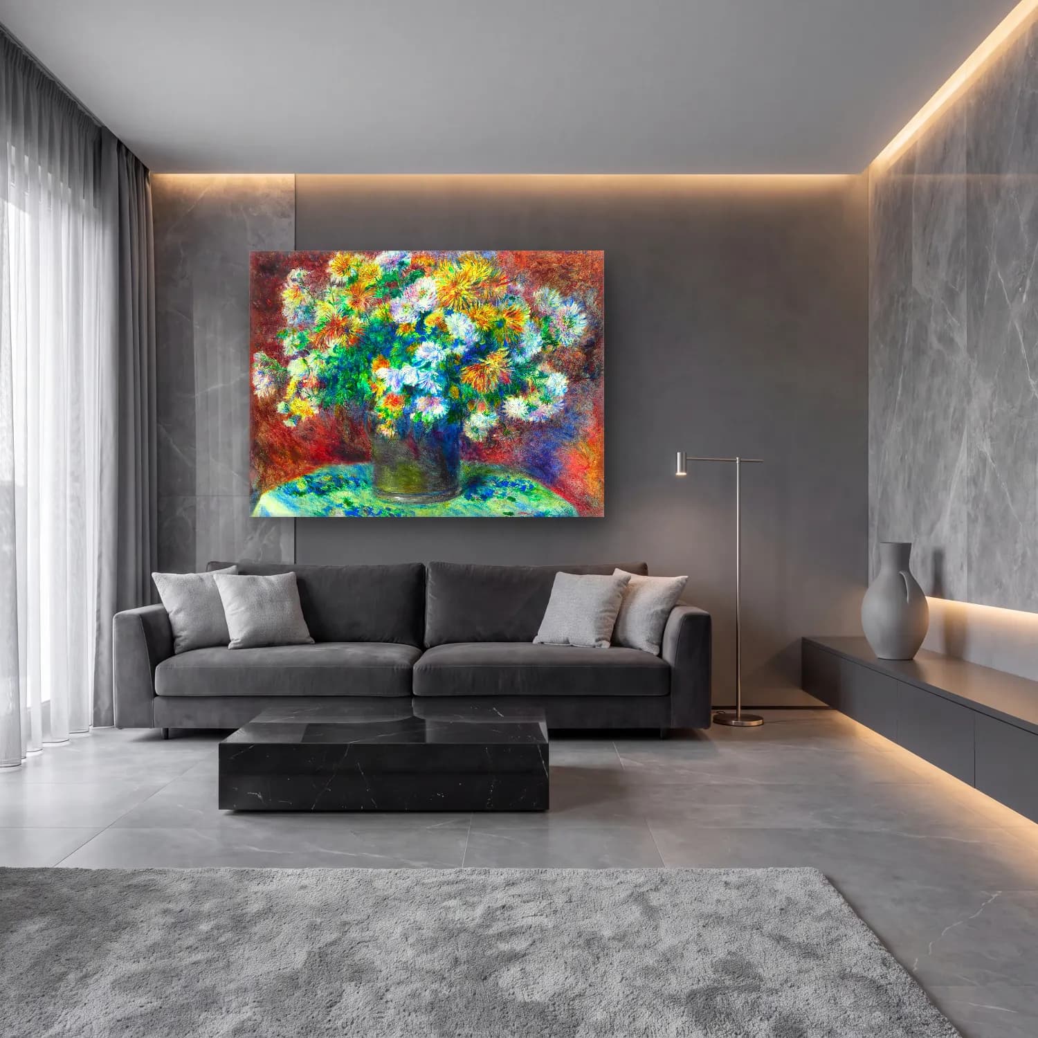 Pierre-Auguste Renoir – Chrysanthemums cam tablo — lüks salon duvarında