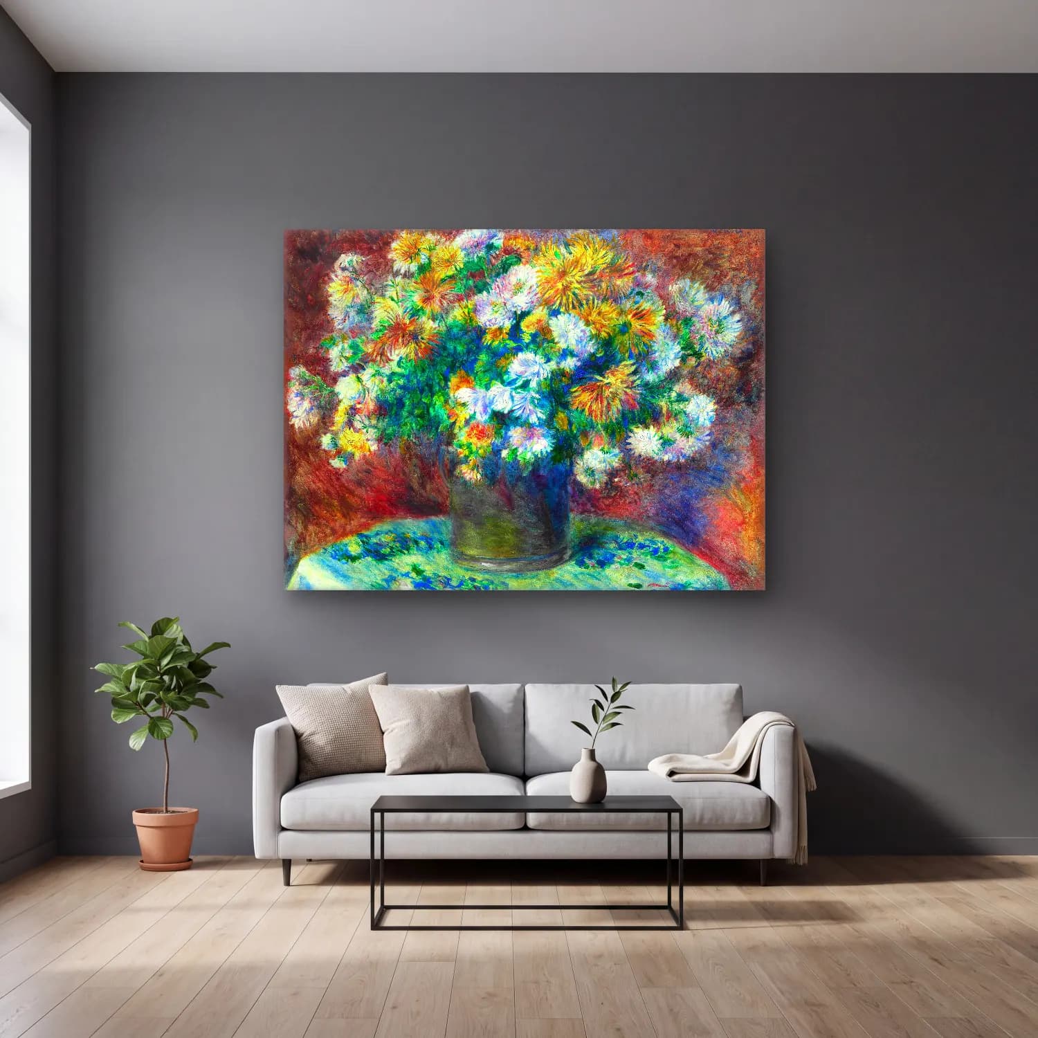 Pierre-Auguste Renoir – Chrysanthemums cam tablo — gri duvarlı salonda