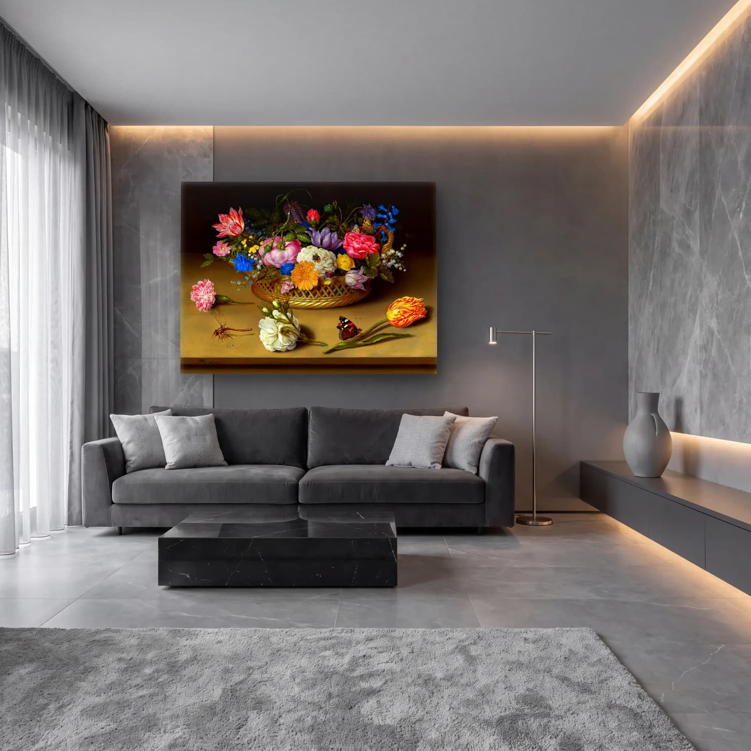 Yağlı Boya Çiçek Bahçesi No. 21 cam tablo — lüks salon duvarında
