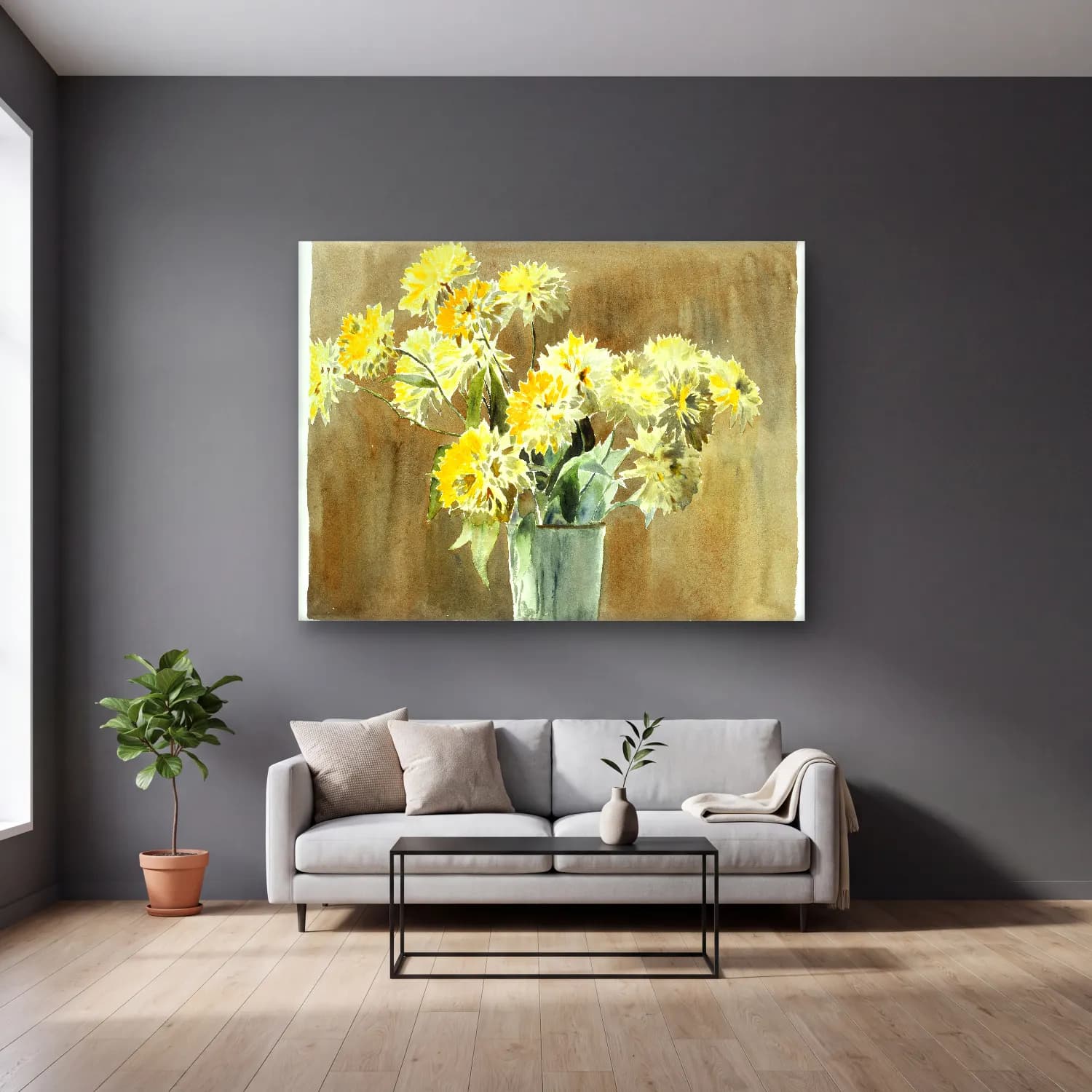 Hannah Borger Overbeck – Vase with Yellow Flowers – Sarı Tonlar cam tablo — gri duvarlı salonda
