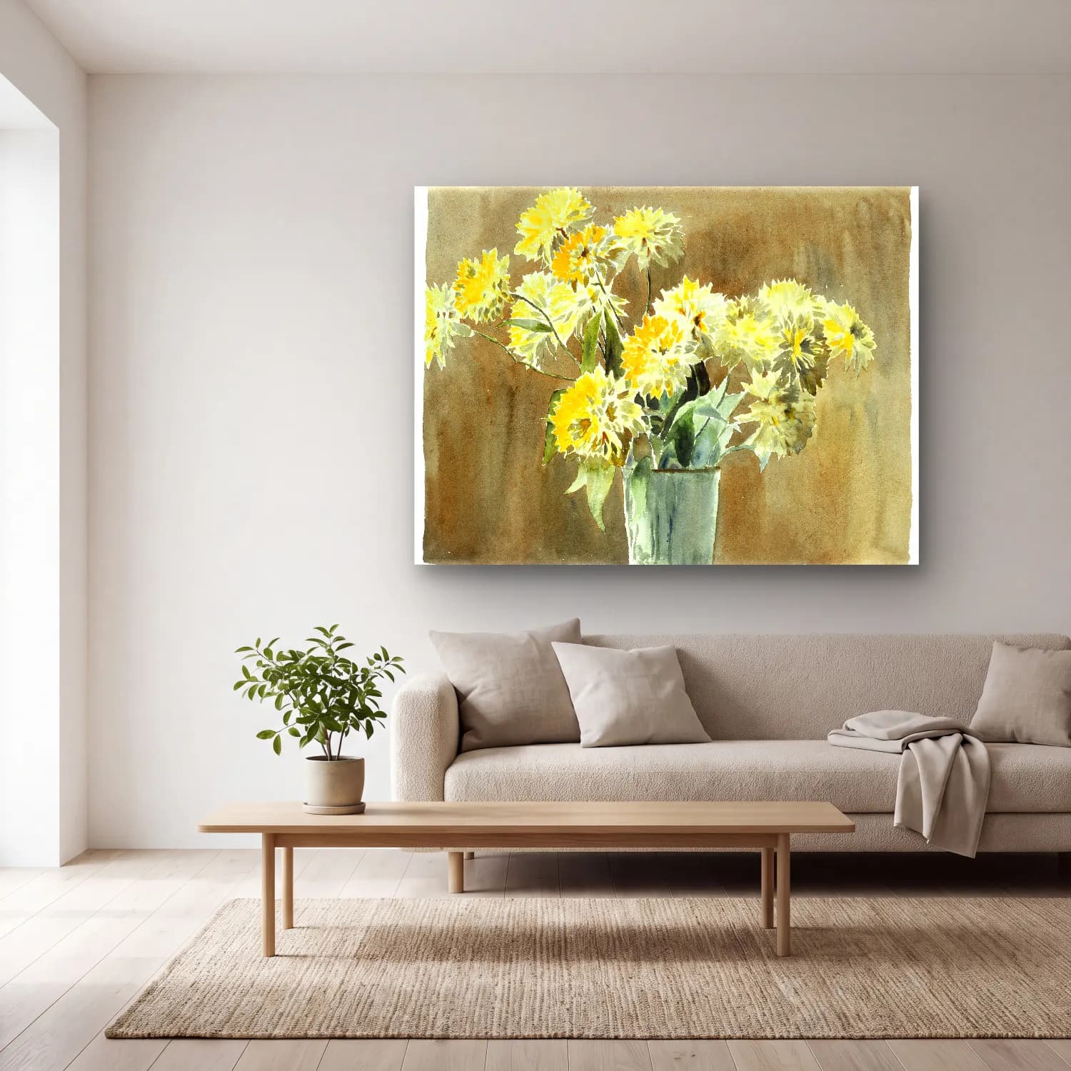 Hannah Borger Overbeck – Vase with Yellow Flowers – Sarı Tonlar cam tablo — açık renk salonda