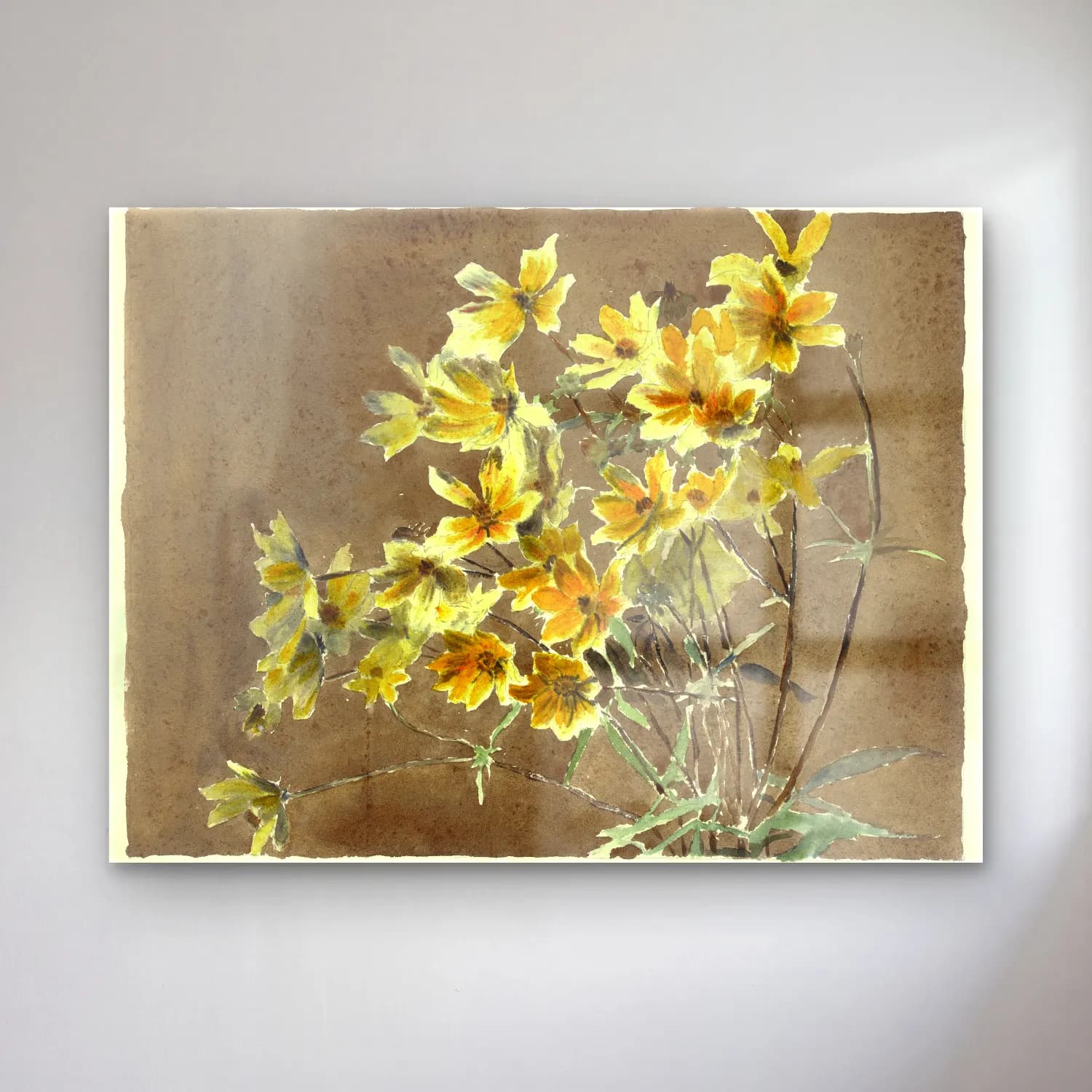 Hannah Borger Overbeck – Yellow Flower with Border – Sarı Tonlar cam tablo — Hannah Borger Overbeck – Yellow Flower with Border – Sarı Tonlar — suluboya kır çiçekleri