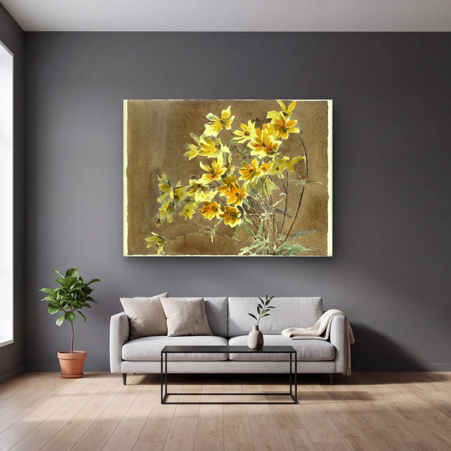 Hannah Borger Overbeck – Yellow Flower with Border – Sarı Tonlar cam tablo — gri duvarlı salonda