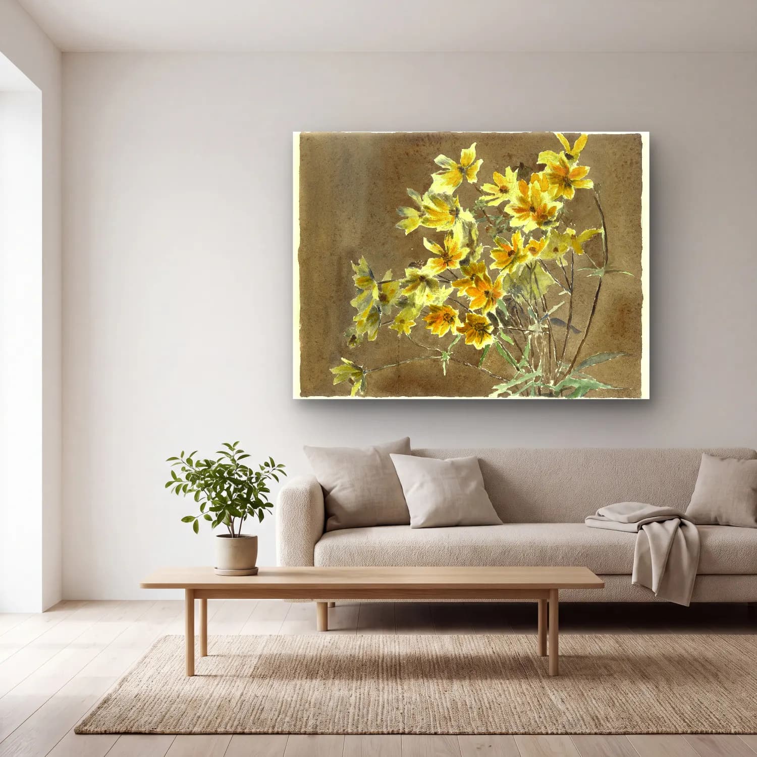 Hannah Borger Overbeck – Yellow Flower with Border – Sarı Tonlar cam tablo — açık renk salonda