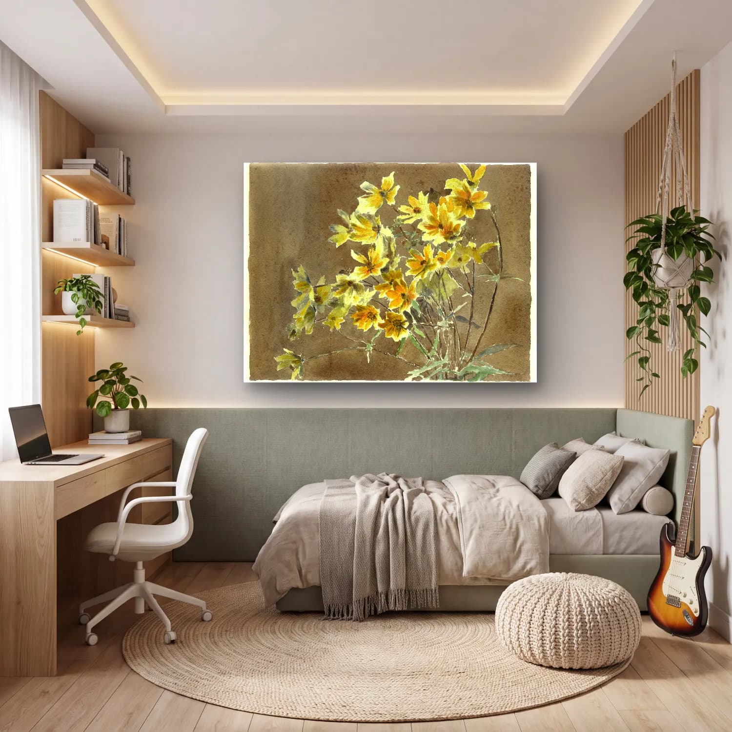 Hannah Borger Overbeck – Yellow Flower with Border – Sarı Tonlar cam tablo — genç odasında