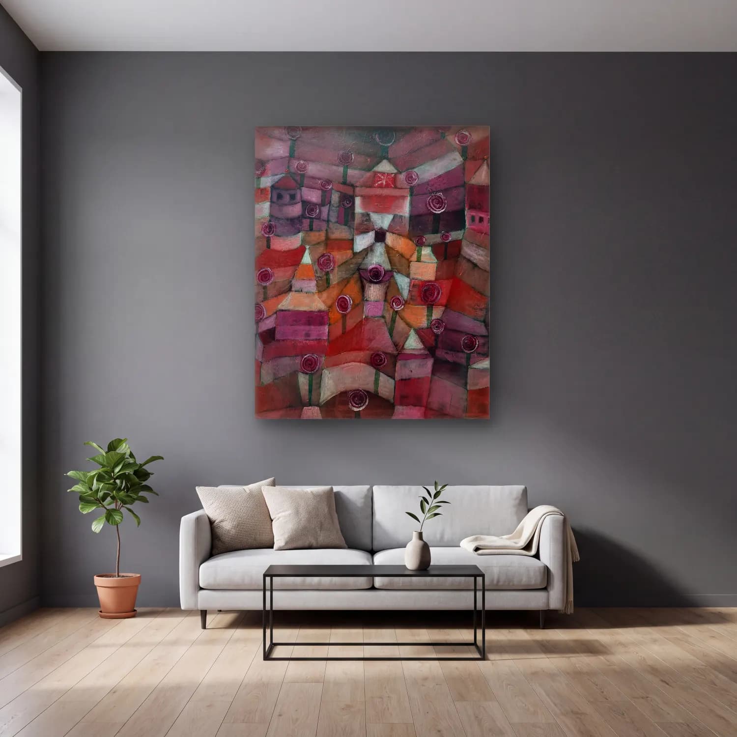 Paul Klee – Rose garden No. 3 cam tablo — gri duvarlı salonda