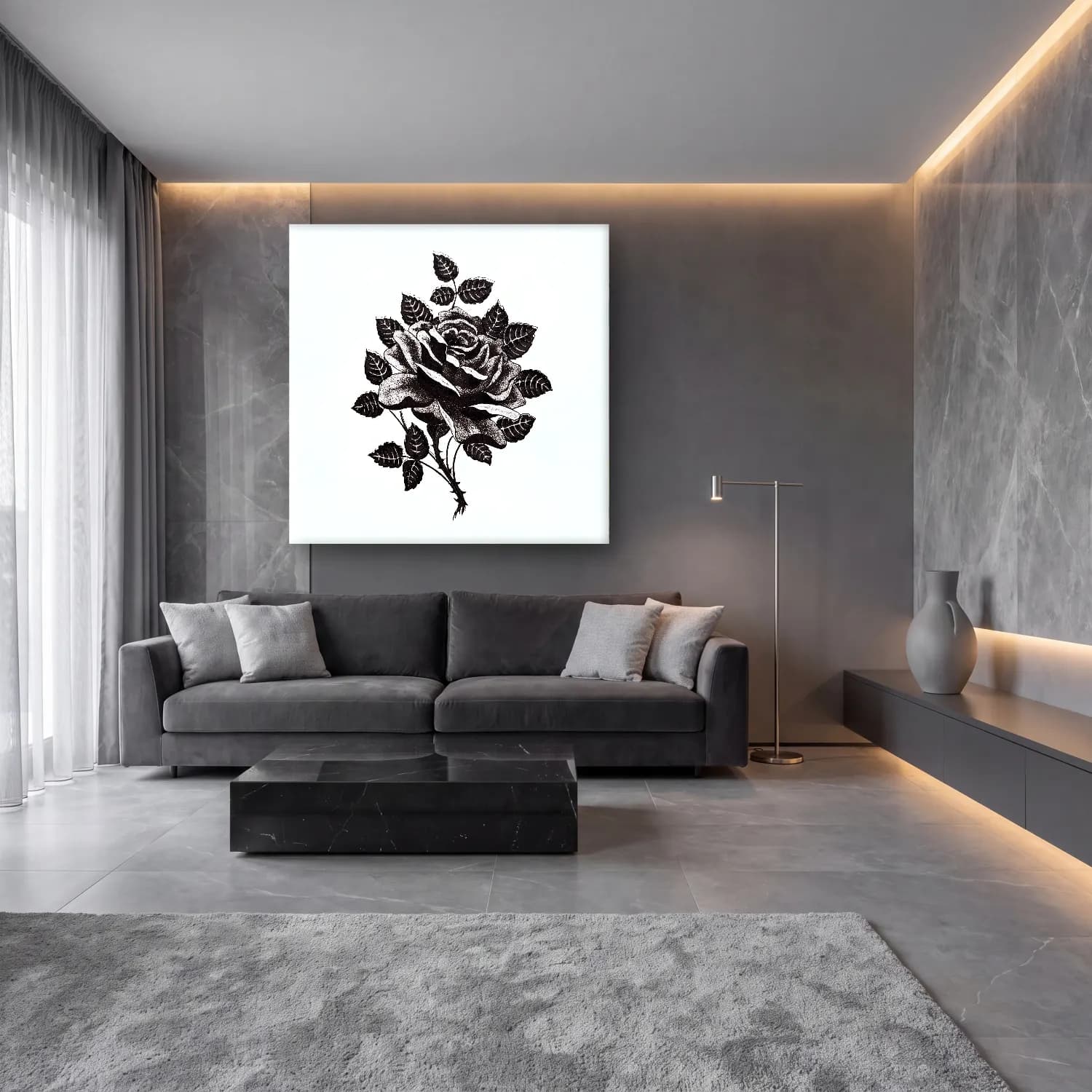 Siyah Beyaz Güller – Siyah Beyaz Tonlar cam tablo — lüks salon duvarında
