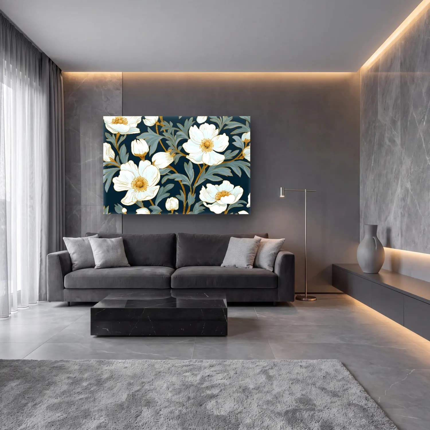 Botanik İllüstrasyon Çiçek Deseni No. 155 cam tablo — lüks salon duvarında