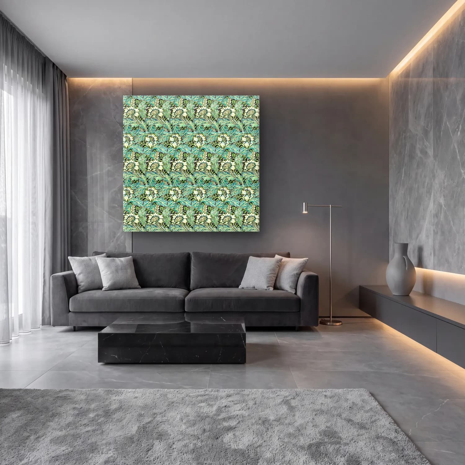 Pastel Çiçek Deseni No. 223 cam tablo — lüks salon duvarında
