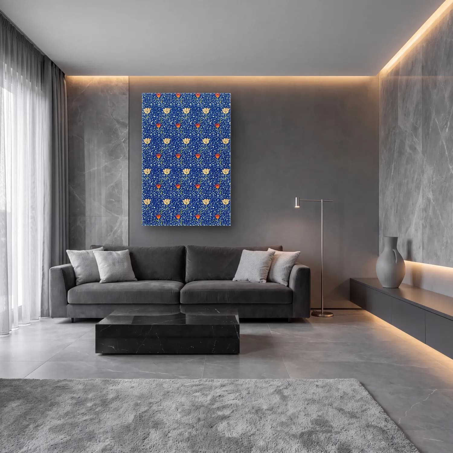Boho Çiçek Deseni No. 104 cam tablo — lüks salon duvarında