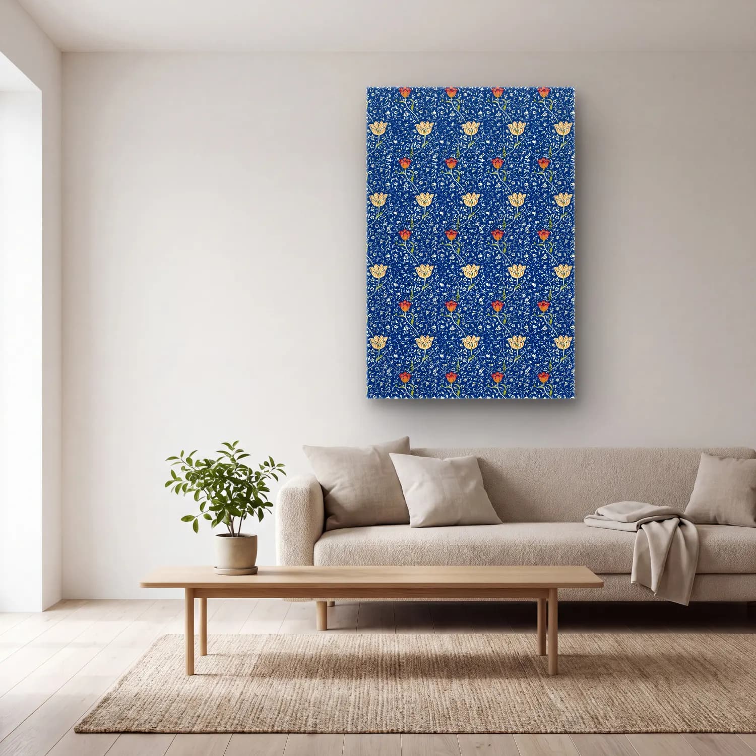 Boho Çiçek Deseni No. 104 cam tablo — açık renk salonda
