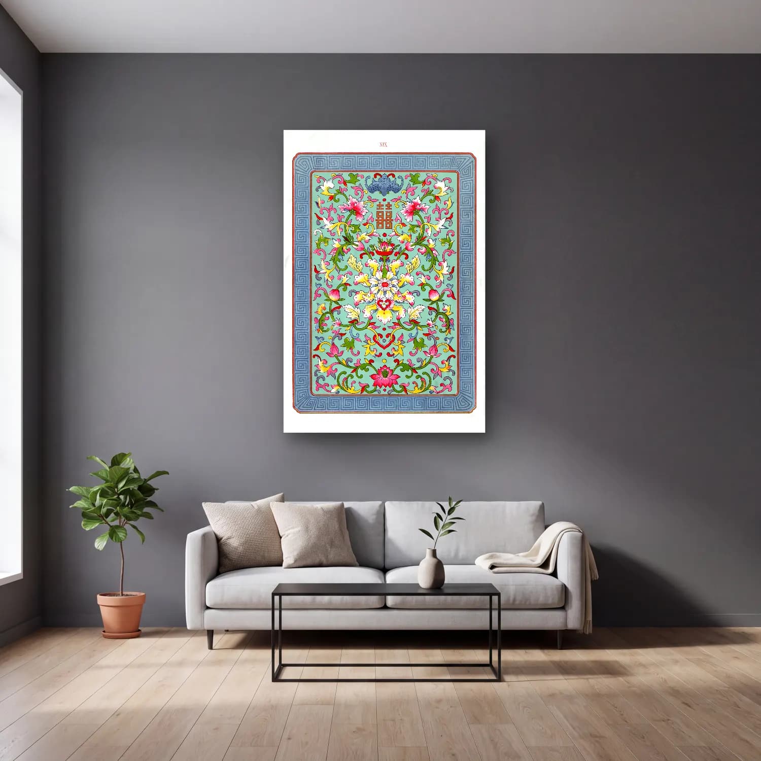 Maksimalist Çiçek Deseni No. 67 cam tablo — gri duvarlı salonda