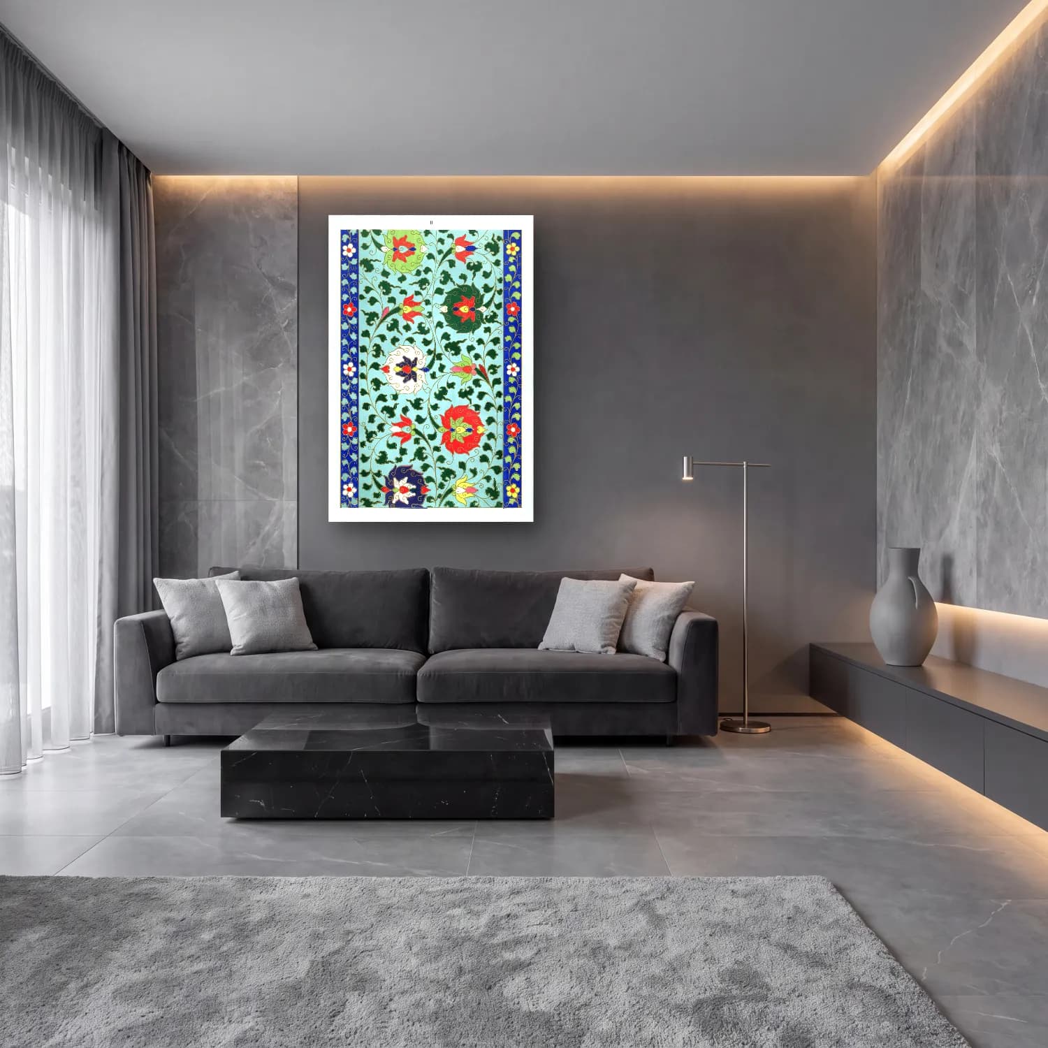 Maksimalist Çiçek Deseni No. 70 cam tablo — lüks salon duvarında