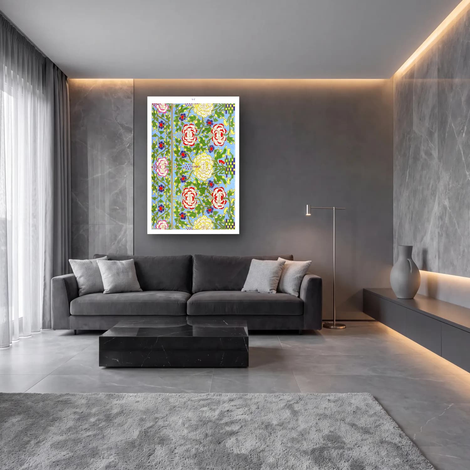 Maksimalist Çiçek Deseni No. 74 cam tablo — lüks salon duvarında