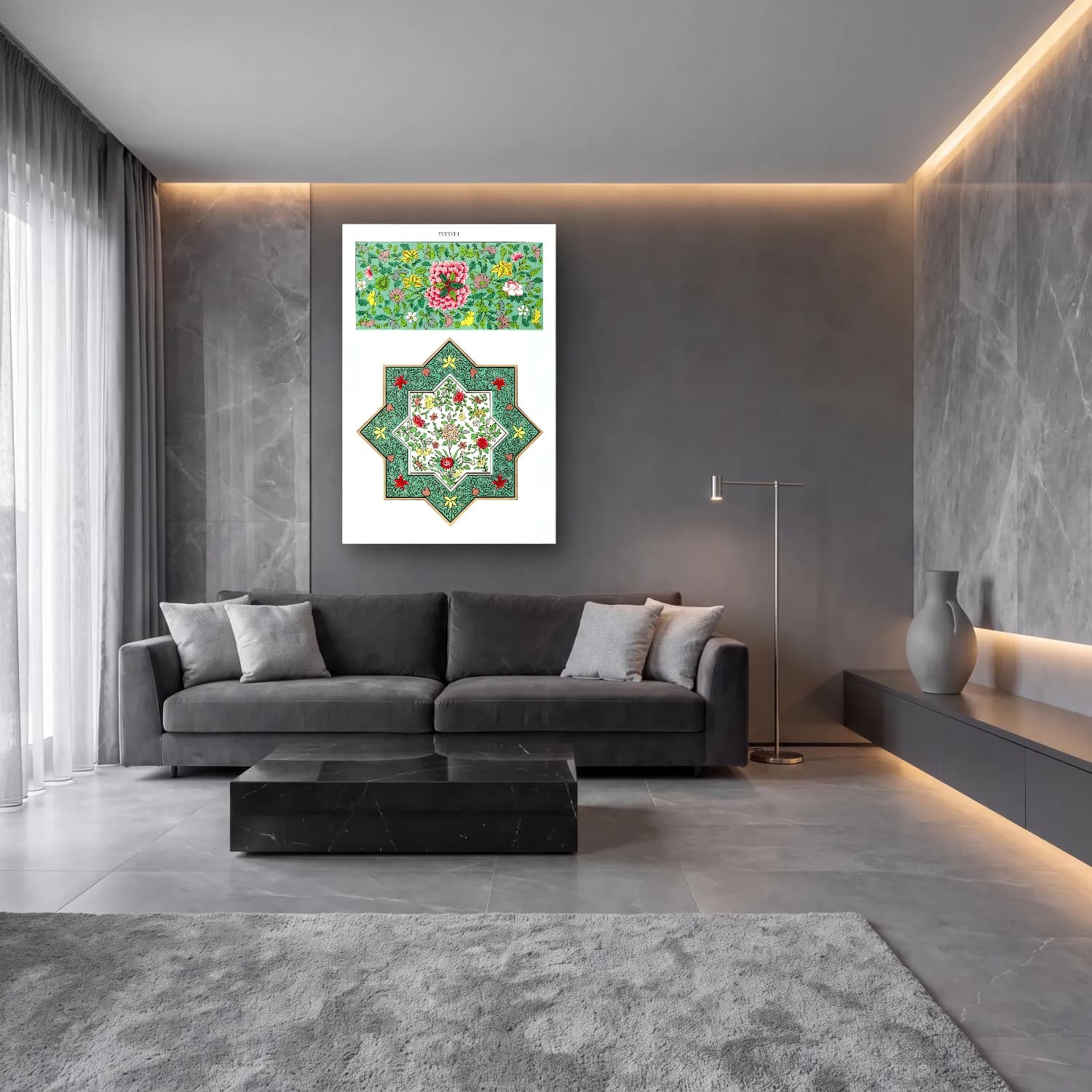 Botanik İllüstrasyon Çiçek Deseni No. 166 cam tablo — lüks salon duvarında