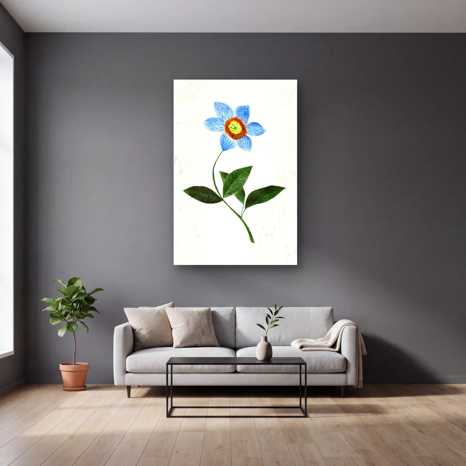 Mary Altha Nims – Star Flower cam tablo — gri duvarlı salonda