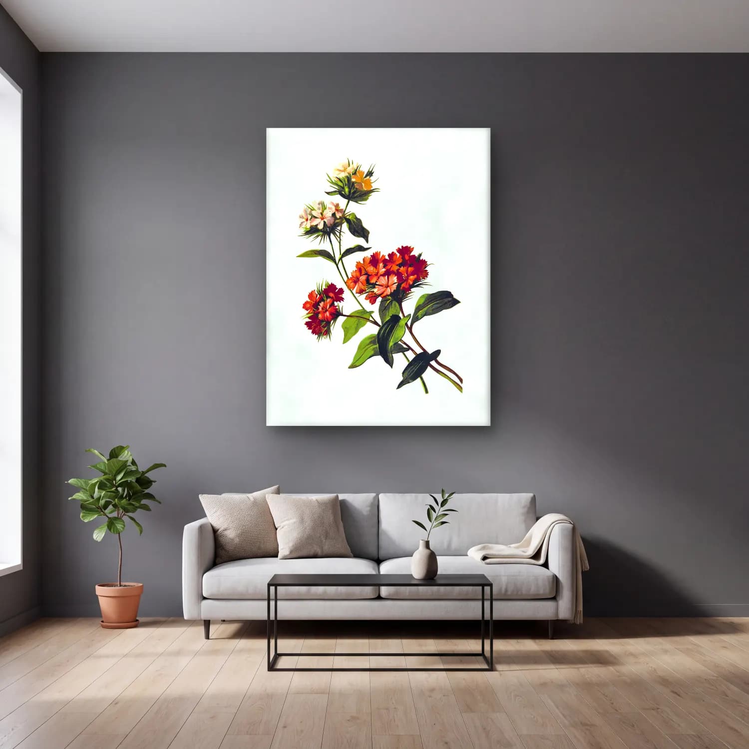 T. Fisher Unwin – Sweet William flower from Poets in the Garden published cam tablo — gri duvarlı salonda