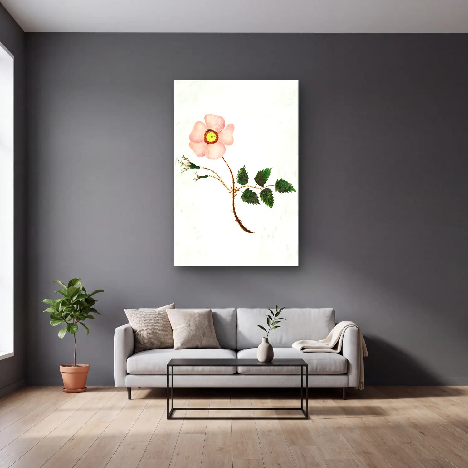 Mary Altha Nims – Wild Rose cam tablo — gri duvarlı salonda