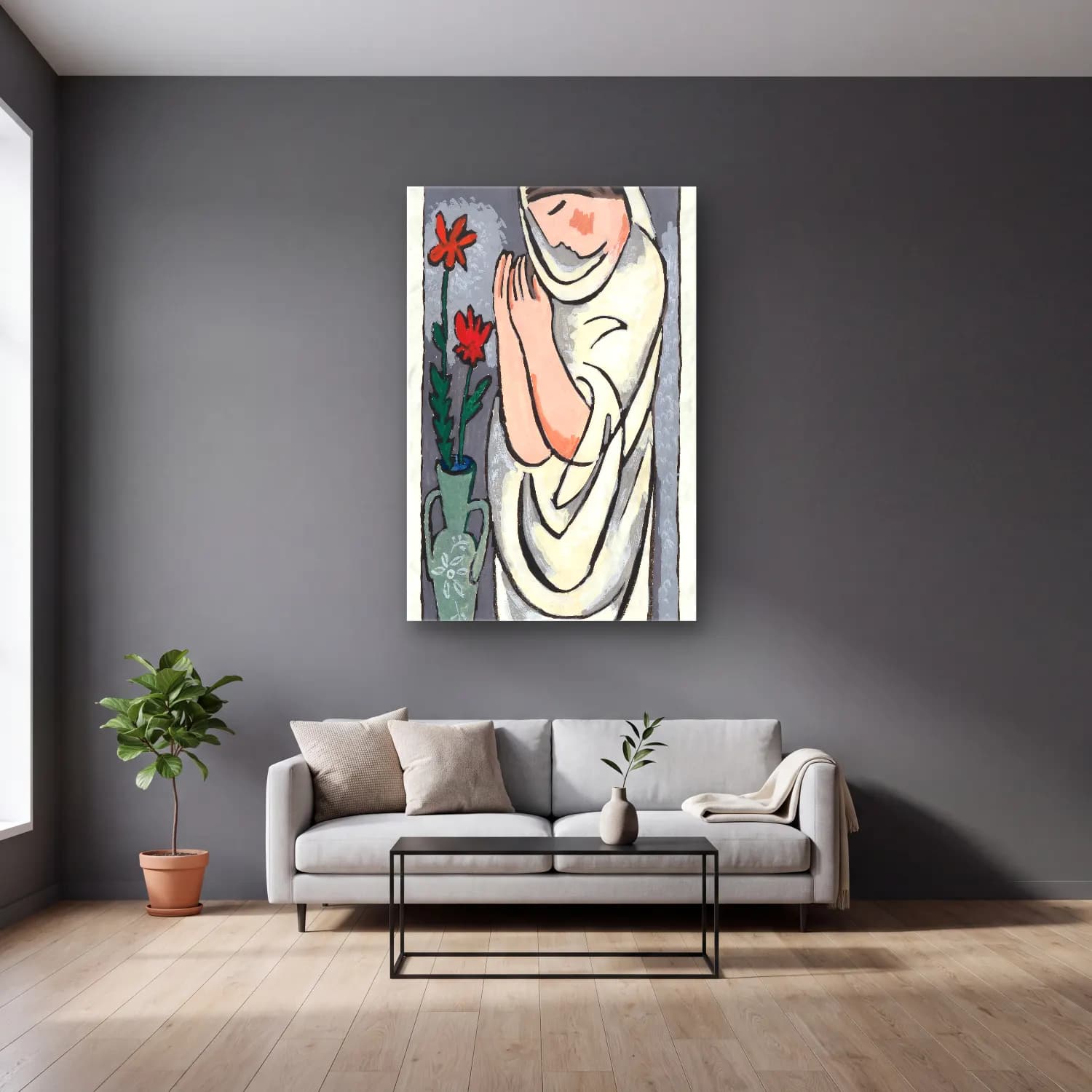 Mikulas Galanda – Woman and flower, vintage painting cam tablo — gri duvarlı salonda