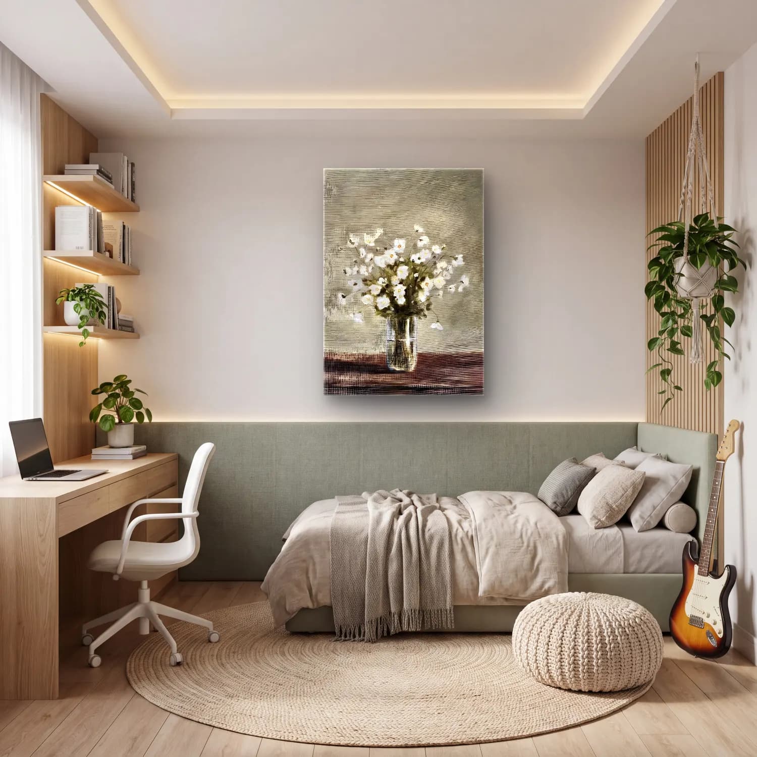 Yağlı Boya Vazoda Çiçek Buketi No. 34 cam tablo — genç odasında