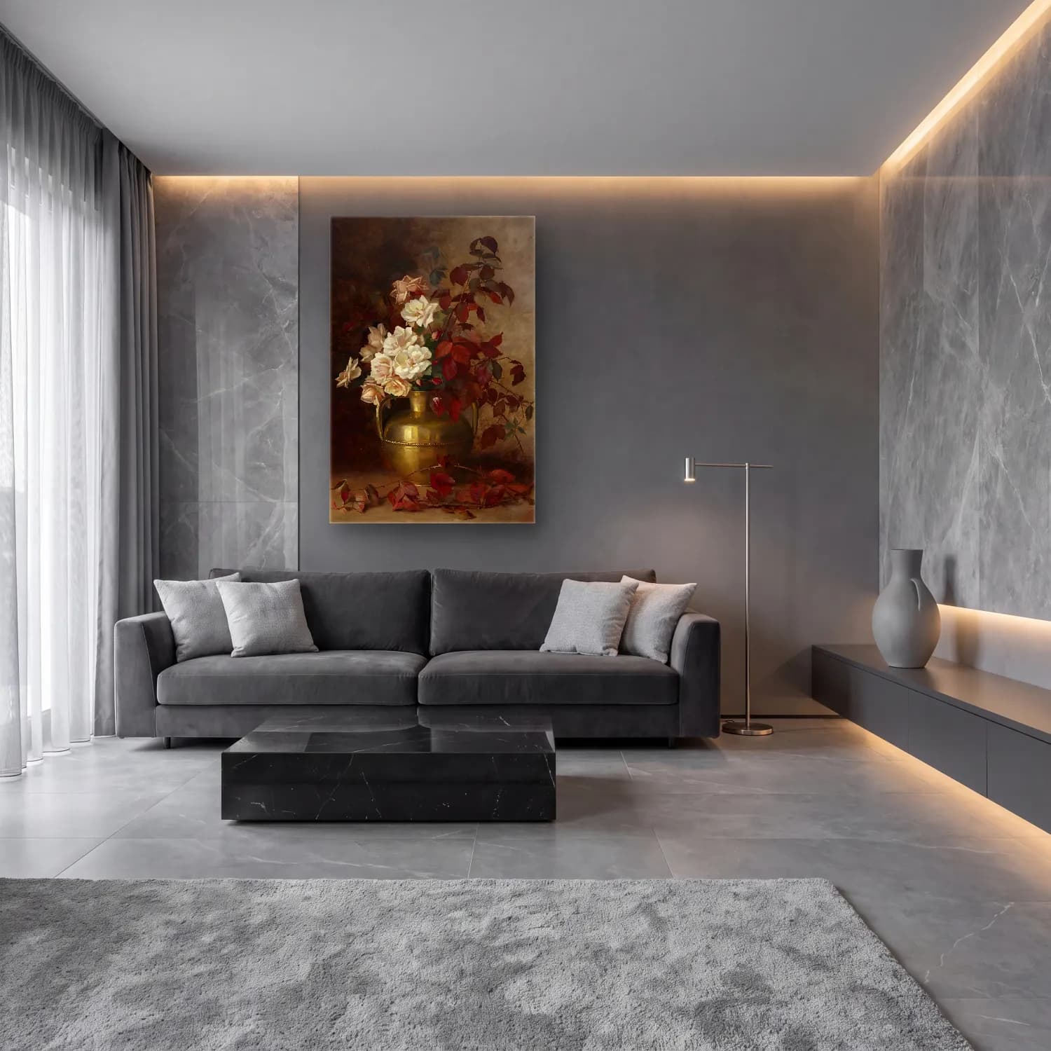 Yağlı Boya Güller No. 61 cam tablo — lüks salon duvarında