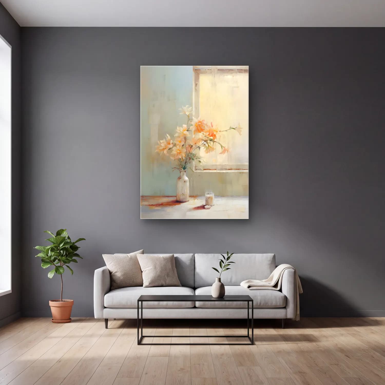 Pastel Vazoda Çiçek Buketi No. 7 cam tablo — gri duvarlı salonda