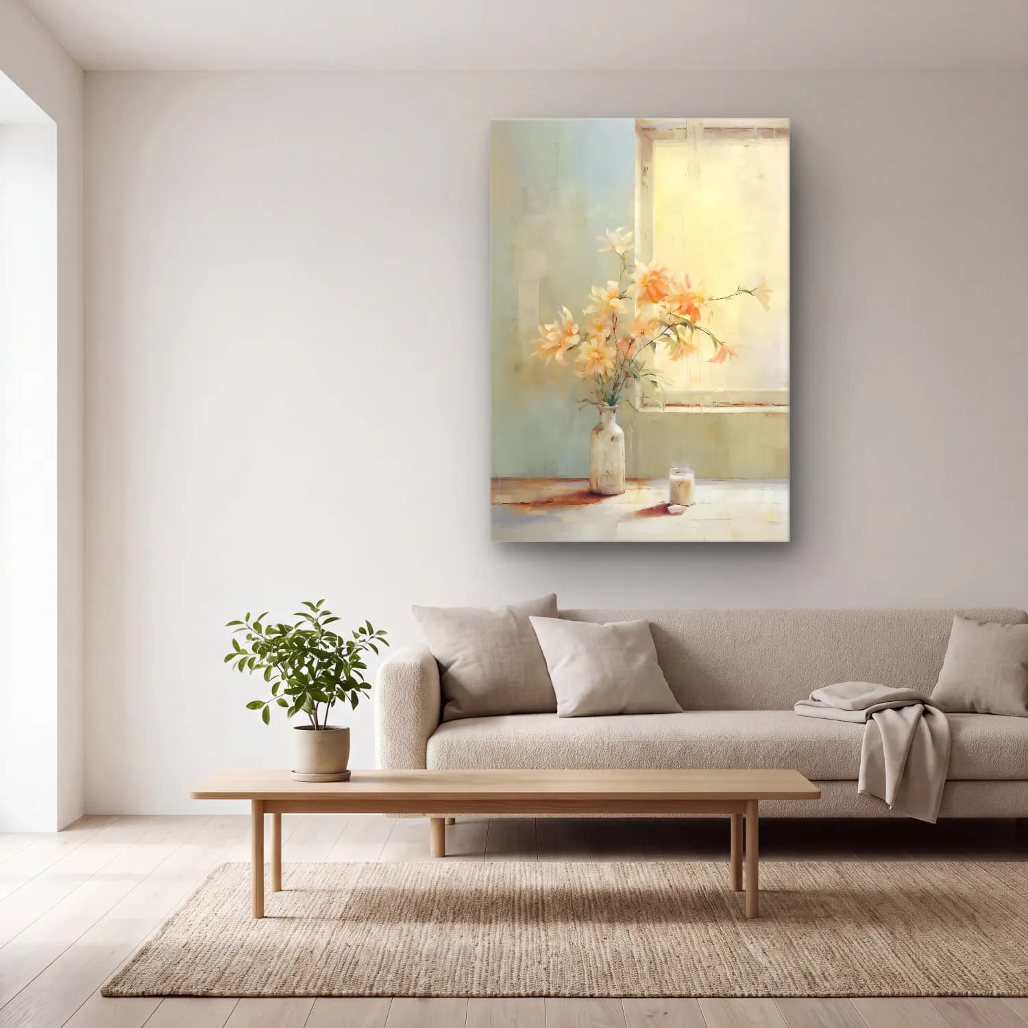Pastel Vazoda Çiçek Buketi No. 7 cam tablo — açık renk salonda