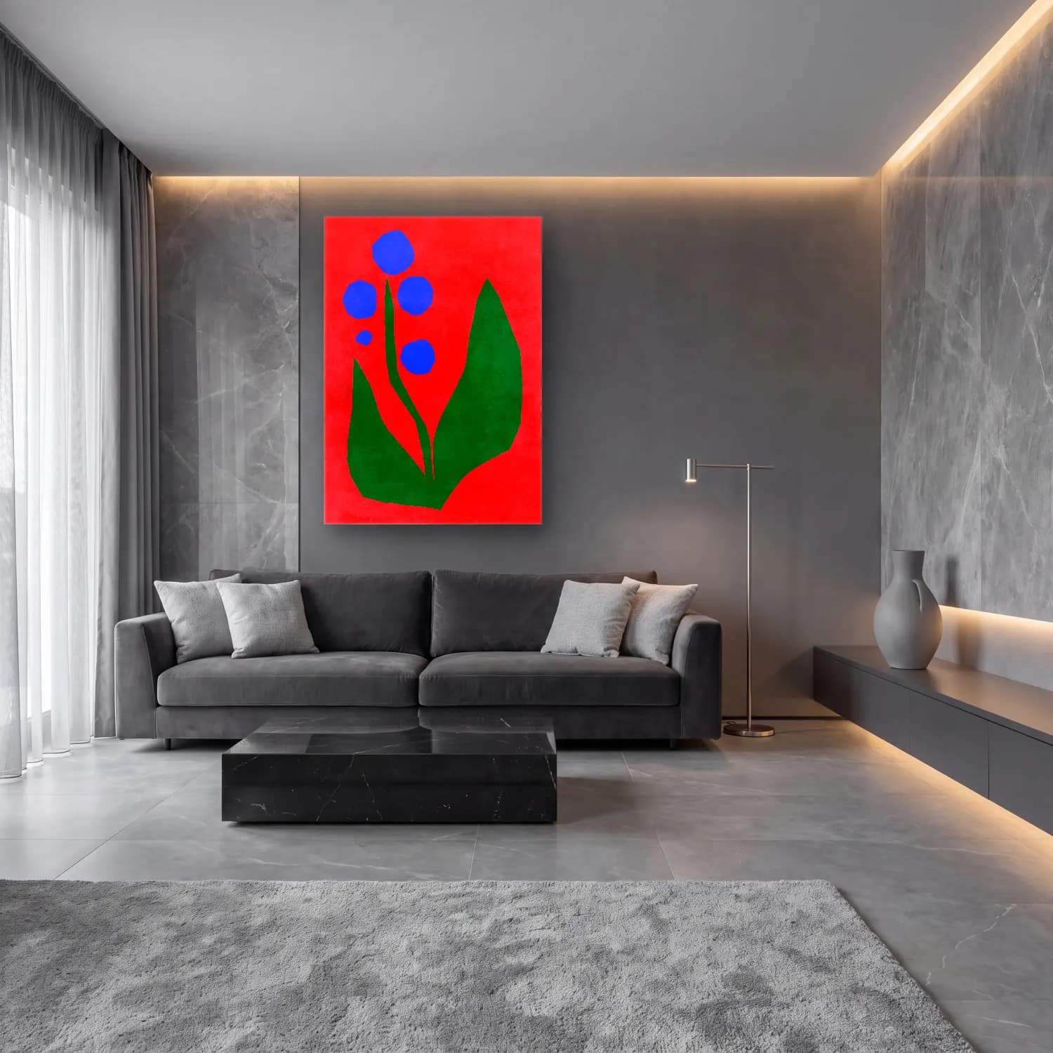 Boho Çiçek Deseni No. 121 cam tablo — lüks salon duvarında