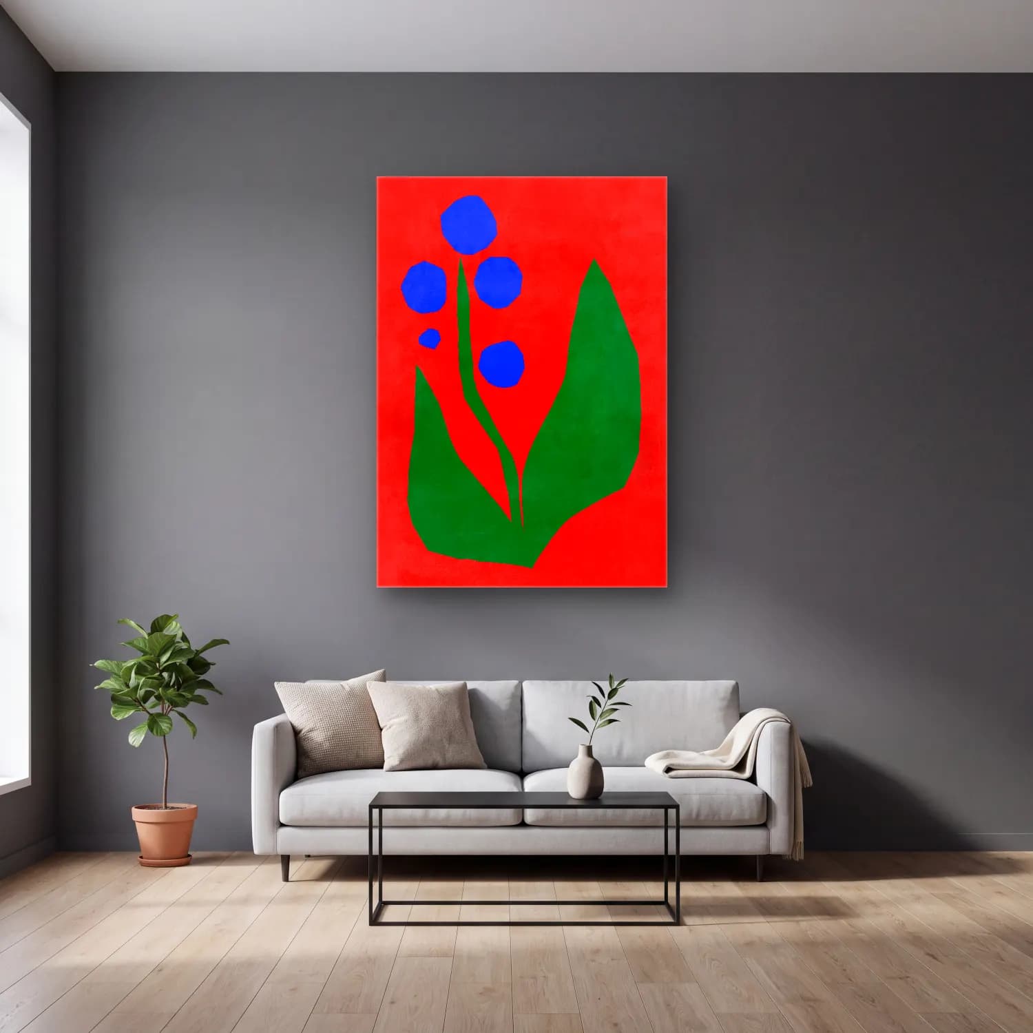 Boho Çiçek Deseni No. 121 cam tablo — gri duvarlı salonda