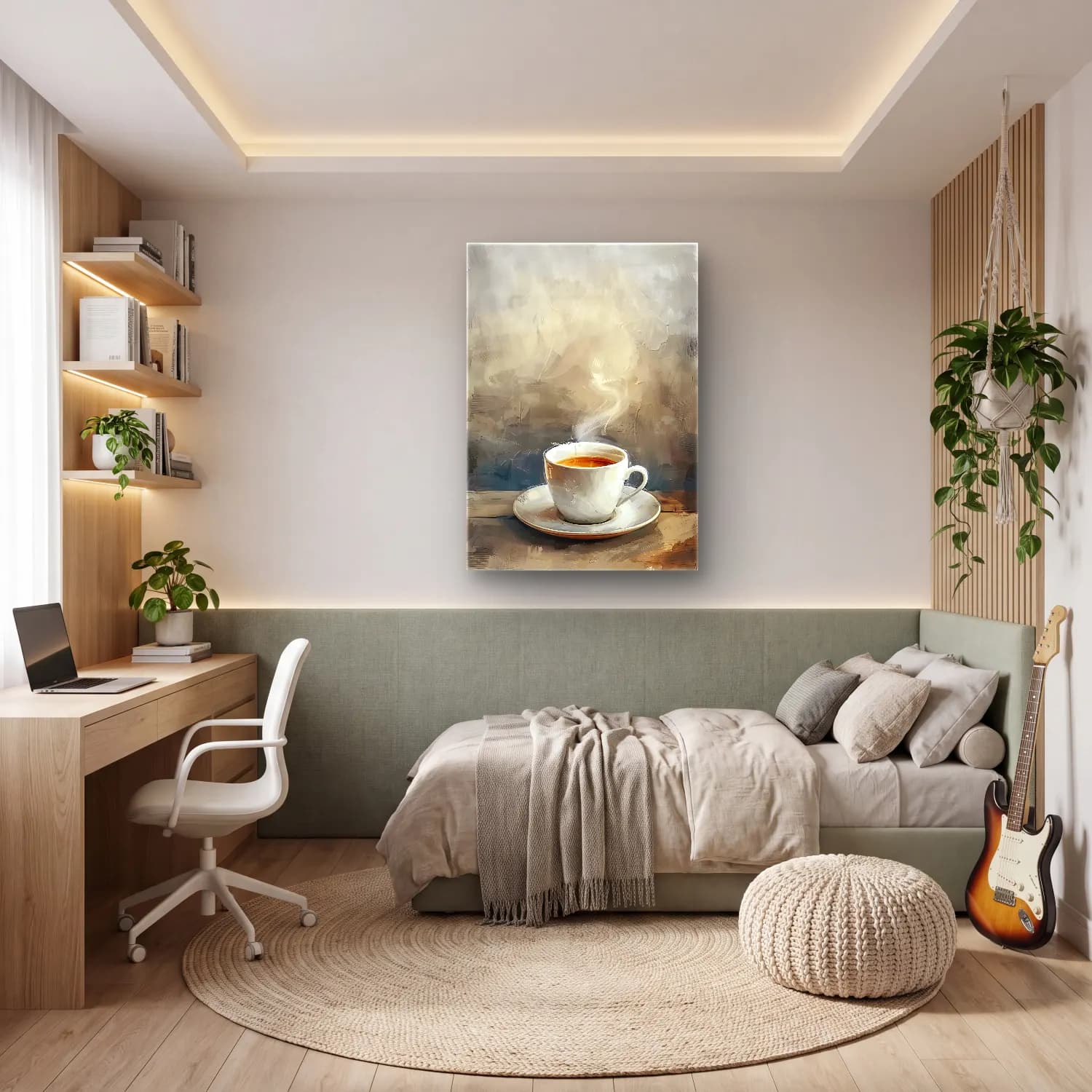 Yağlı Boya Kahve Fincanı – Pastel Tonlar cam tablo — genç odasında