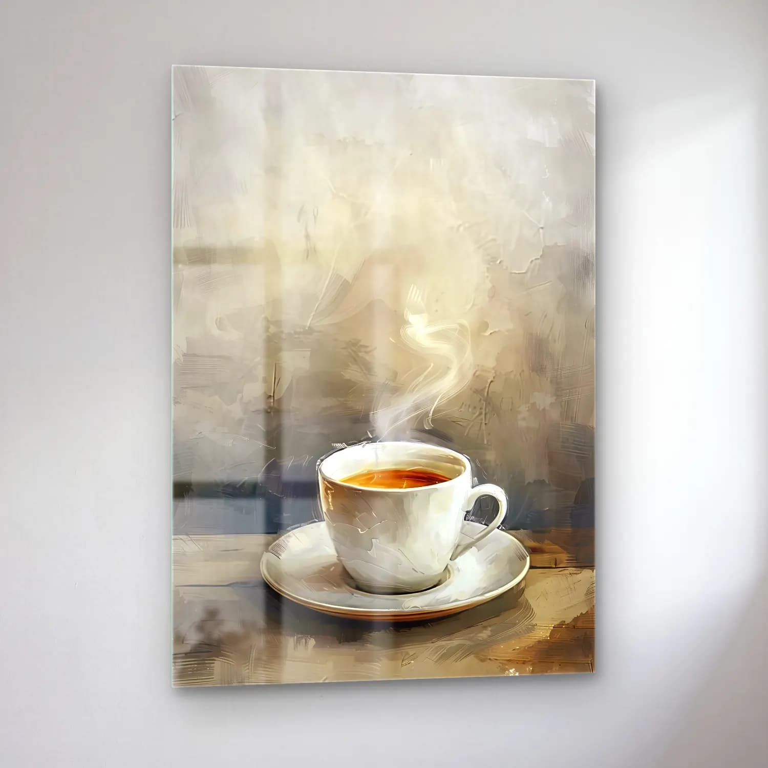 Yağlı Boya Kahve Fincanı – Pastel Tonlar cam tablo — sol açıdan görünüm